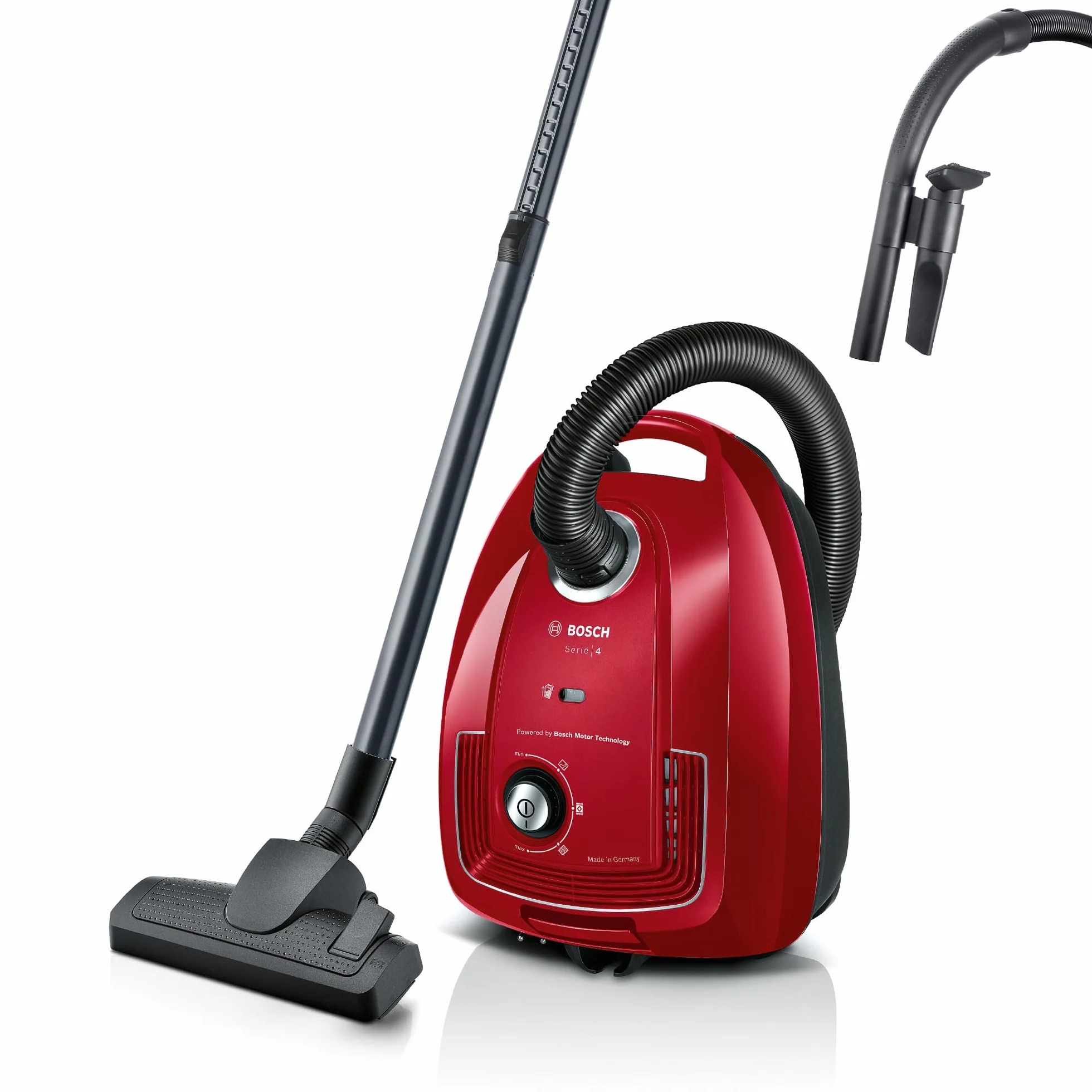 Bosch Serie 4, odkurzacz workowy, kompaktowy, lekki, worek na kurz XL 4 l, promień działania 10 m, higieniczny filtr PureAir, niemiecka jakość, BGB38RD2, czerwony