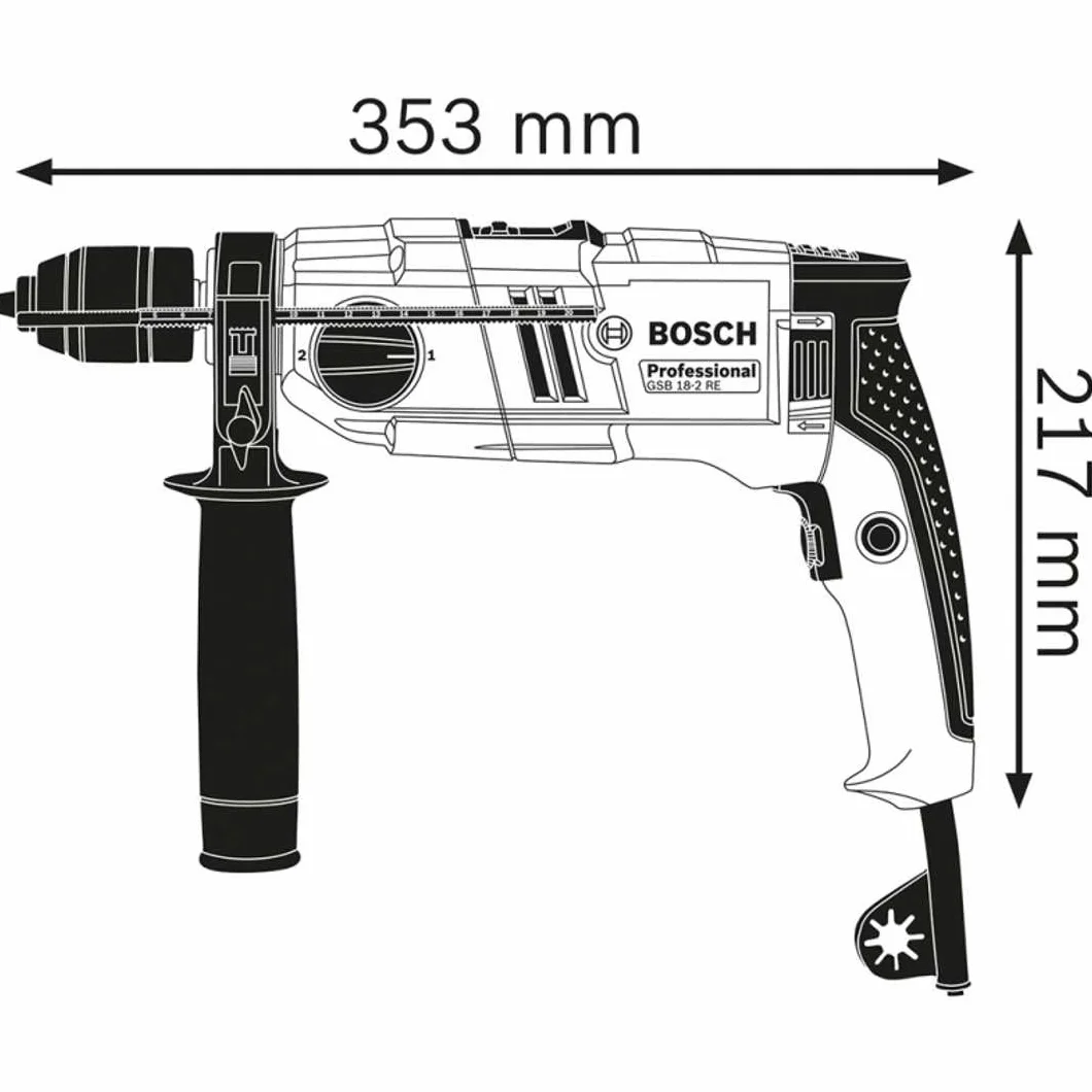 Bosch Professional: wiertarka udarowa GSB 18-2 RE (ogranicznik głębokości 210 mm, rękojeść dodatkowa, zębaty uchwyt wiertarski 13 mm, walizka)