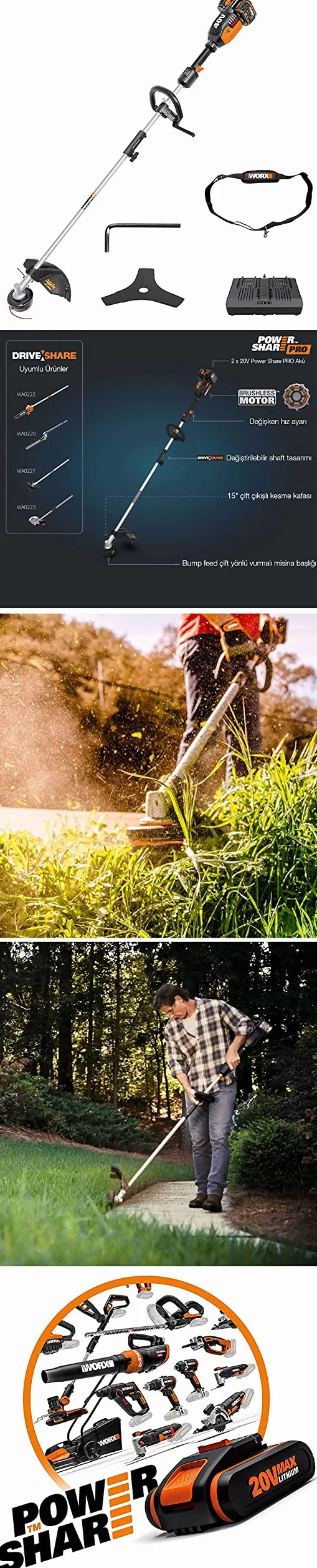 WORX Przecinarka do trawy i podkaszarka Nitro 38 cm 40 V (2x20V) | PowerShare | Silnik bezszczotkowy | WG186E.1-2 akumulatory 4Ah | Ładowarka | 2 w 1 | Podwójny gwint