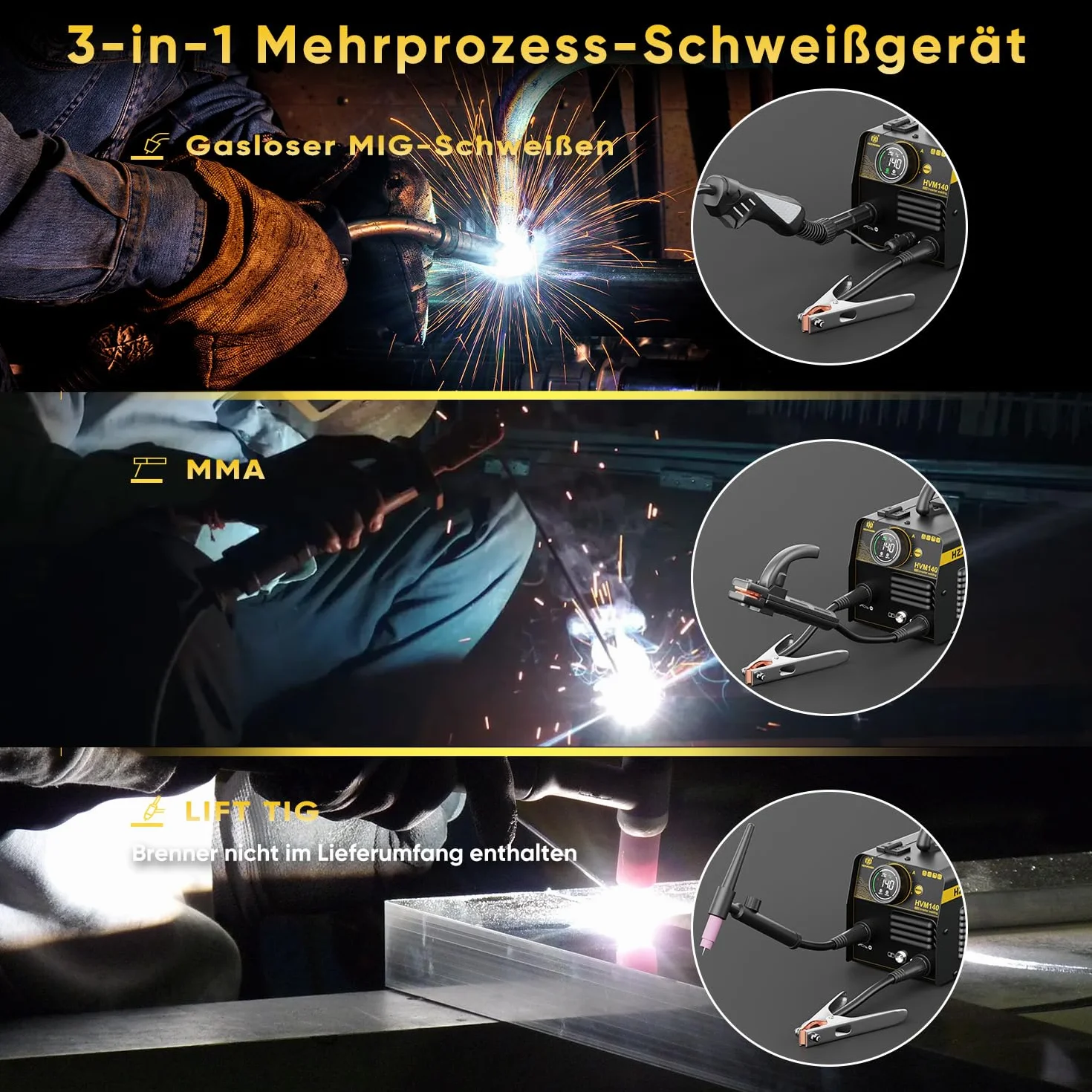 H HZXVOGEN Spawarka MIG 140A, 230V, spawarka rdzeniowa MIG/Lift TIG/Stick 3 w 1 z funkcją synergii, przenośna spawarka MIG bez gazu z inwertorem IGBT. Spawarka MIG dla początkujących (HVM140)