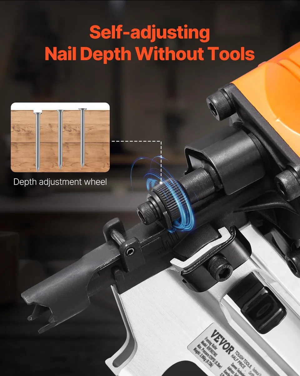 VEVOR Gwoździarka do ram, gwoździarka pneumatyczna z pełną okrągłą głowicą 50 do 90 mm, 21 stopni, podwójny tryb wyzwalania i beznarzędziowa regulacja głębokości