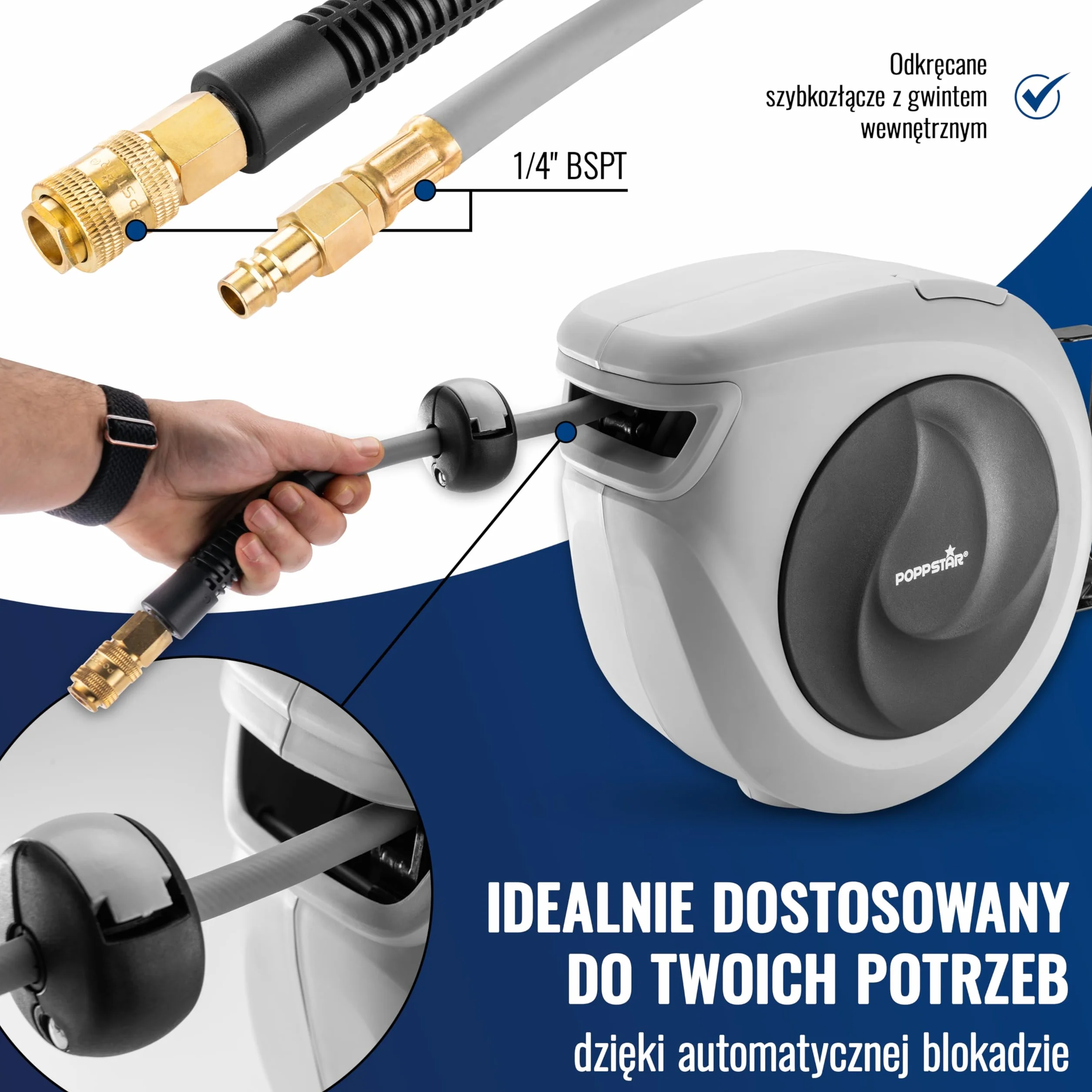 Poppstar wąż pneumatyczny zwijany (15m+1,1m, średnica 3/8"(9,2x14mm) szybkozłączka 1/4" BSPT) automatyczny zwijacz węża pneumatycznego