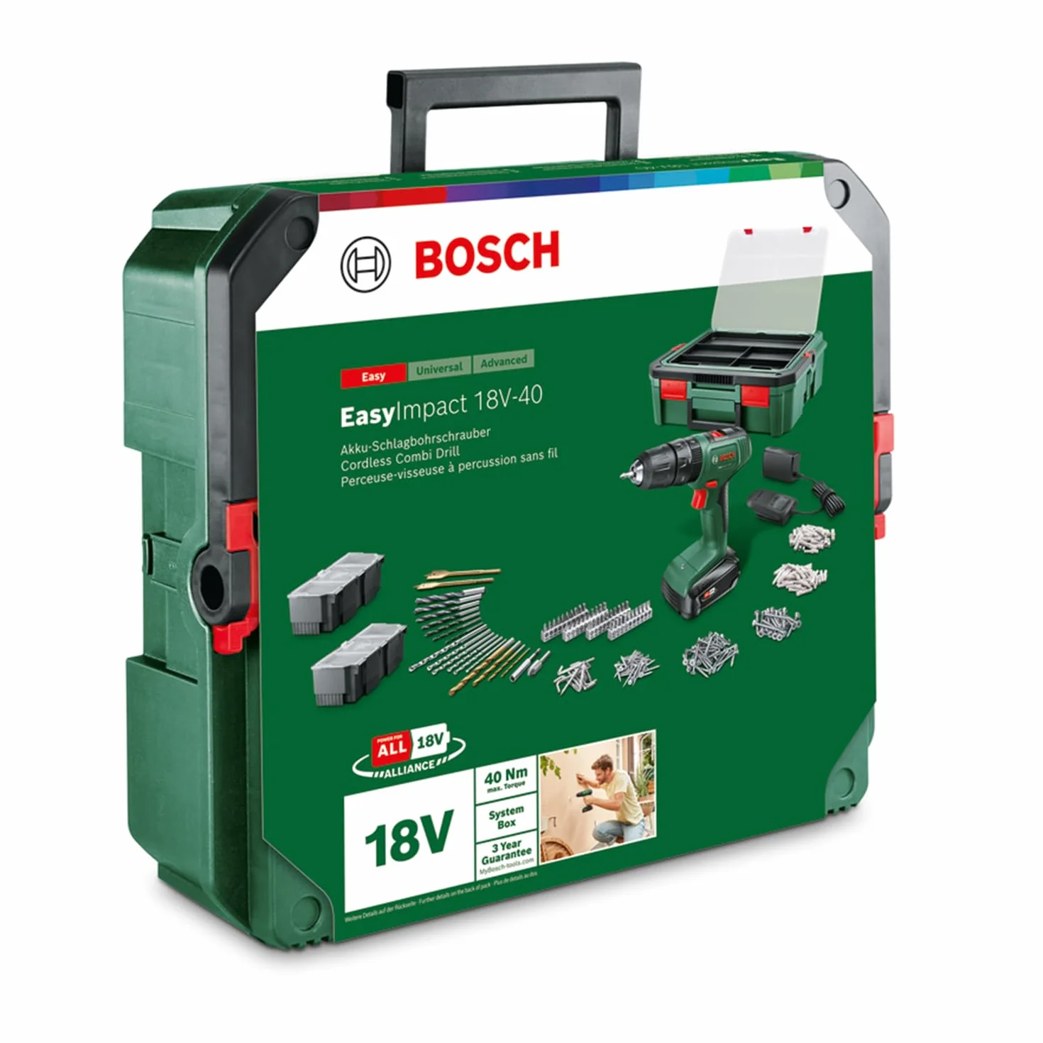 Bosch Akumulatorowa wiertarka udarowa EasyImpact 18V-40 (wkręcania, wiercenia w drewnie, metalu i tworzywach sztucznych; wiercenia udarowego w murze; 241 bitów; 1 akumulator 1,5 Ah; system 18V)