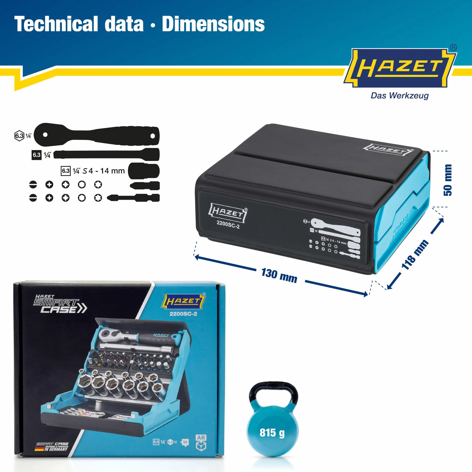 HAZET SmartCase 2200SC-2 50-częściowy zestaw kluczy nasadowych, napęd 6,3 mm (1/4 cala)