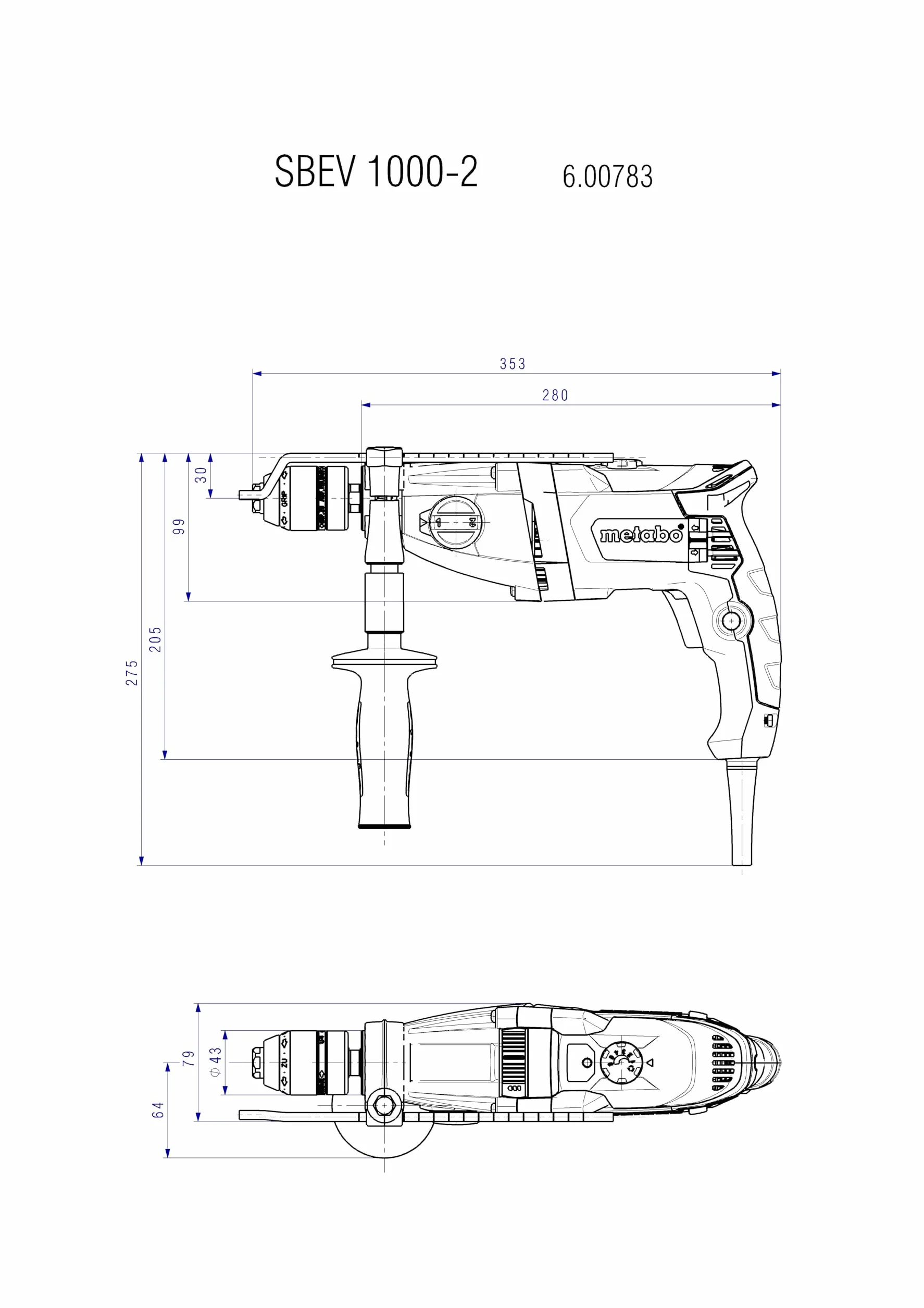 Metabo Wiertarka Udarowa Sbev 1000-2 (1010 W, Ø Wiertła Betonu 20 mm, Szybkozaciskowy Uchwyt Wiertarski 13 mm, Ogranicznik Głębokości, Dodatkowy Uchwyt, Sprzęgacz Bezpieczeństwa, Walizka) 600783500