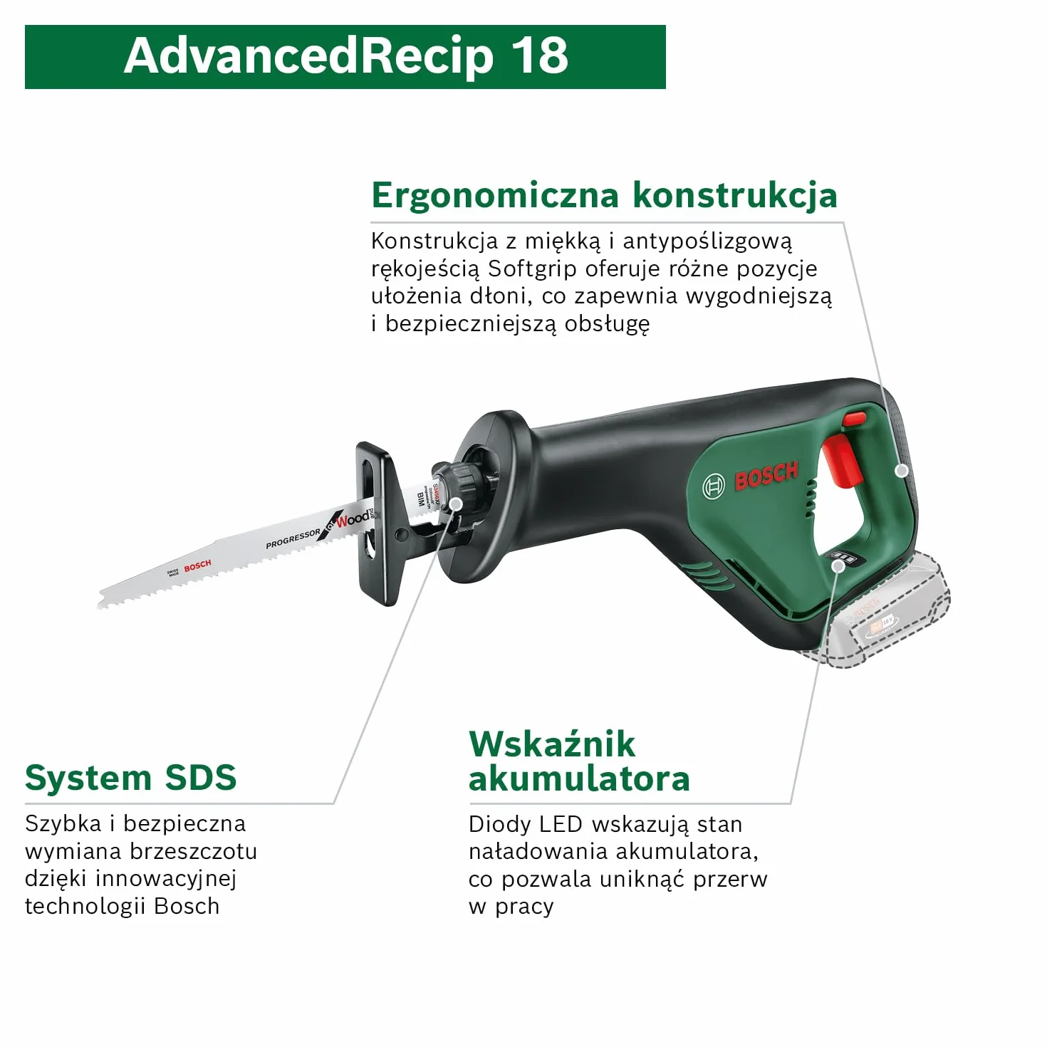 Bosch Akumulatorowa piła szablasta AdvancedRecip 18 (akumulator 2,5 Ah, system 18V, opakowanie kartonowe)