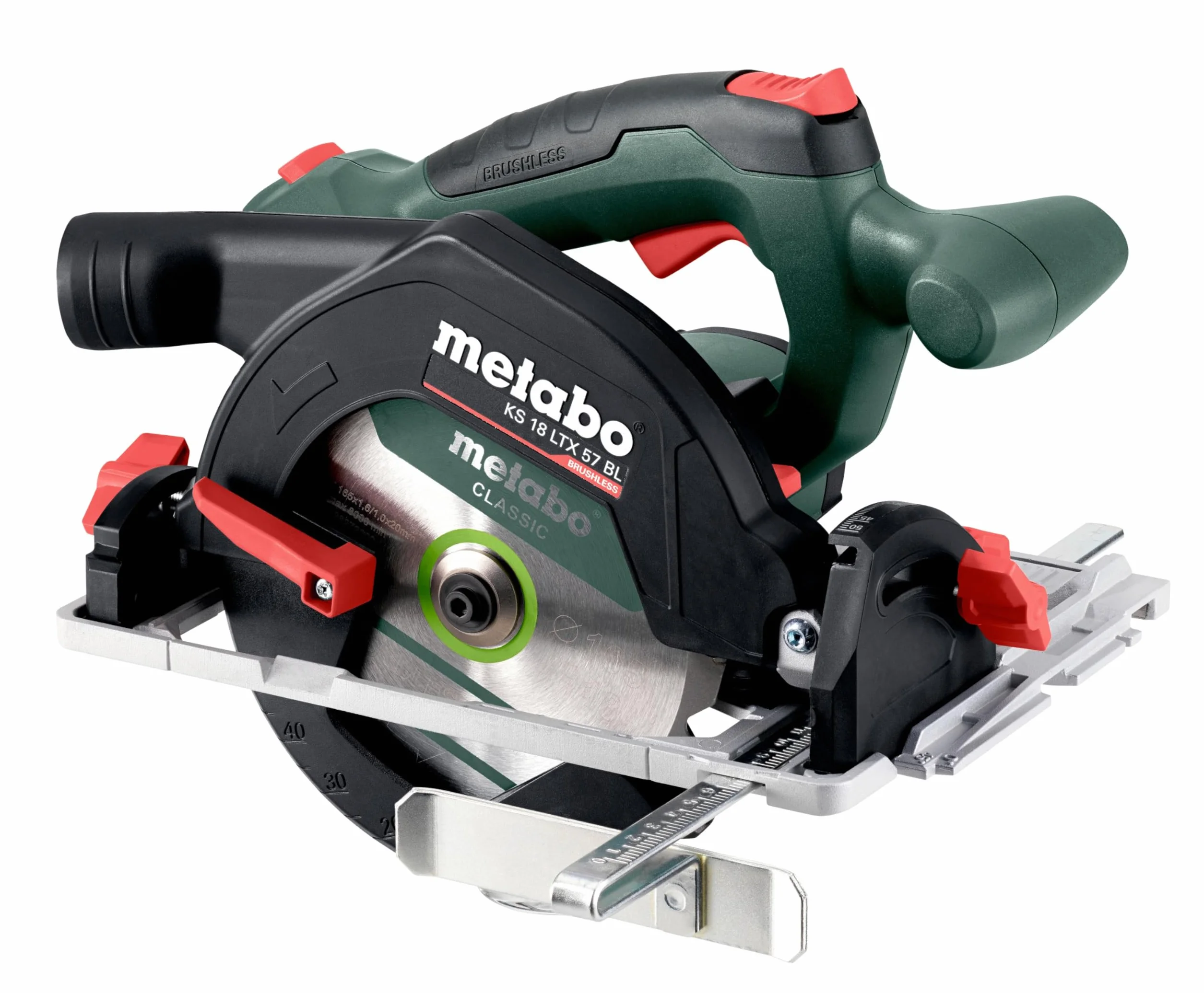 Metabo Ręczna pilarka tarczowa KS 18 LTX 57 BL, bez akumulatora, z silnikiem bezszczotkowym, hamulcem wybiegowym, z MetaBox 340, prędkość obrotowa biegu jałowego 5000/min 611857840