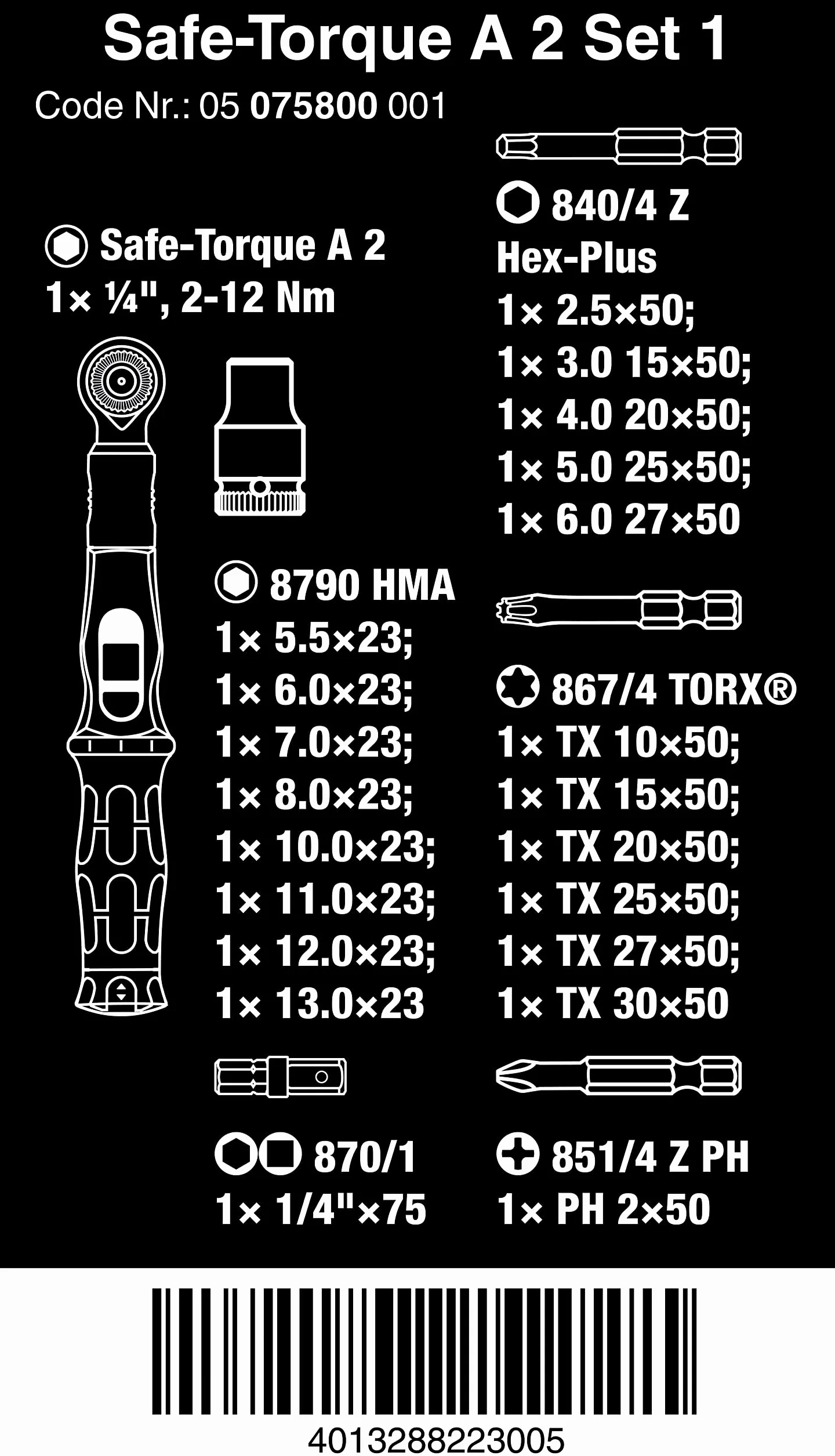 Zestaw z kluczem dynamometrycznym Safe-Torque A2 2-12Nm 1/4" 23-częściowy Wera