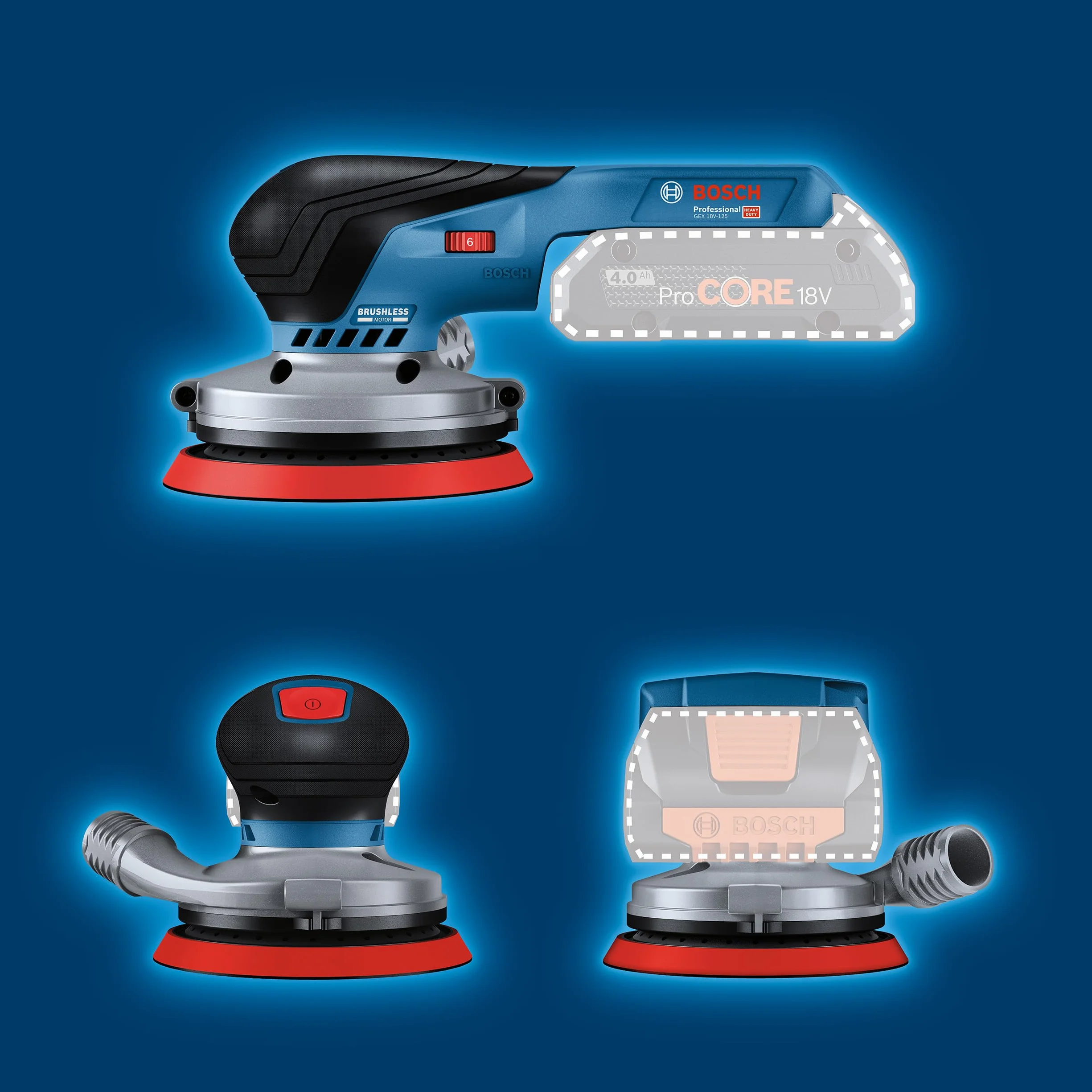 Bosch Professional system 18V: akumulatorowa szlifierka mimośrodowa GEX 18V-125 (talerz szlifierski 125 mm, 1 papier ścierny, worek na pył)