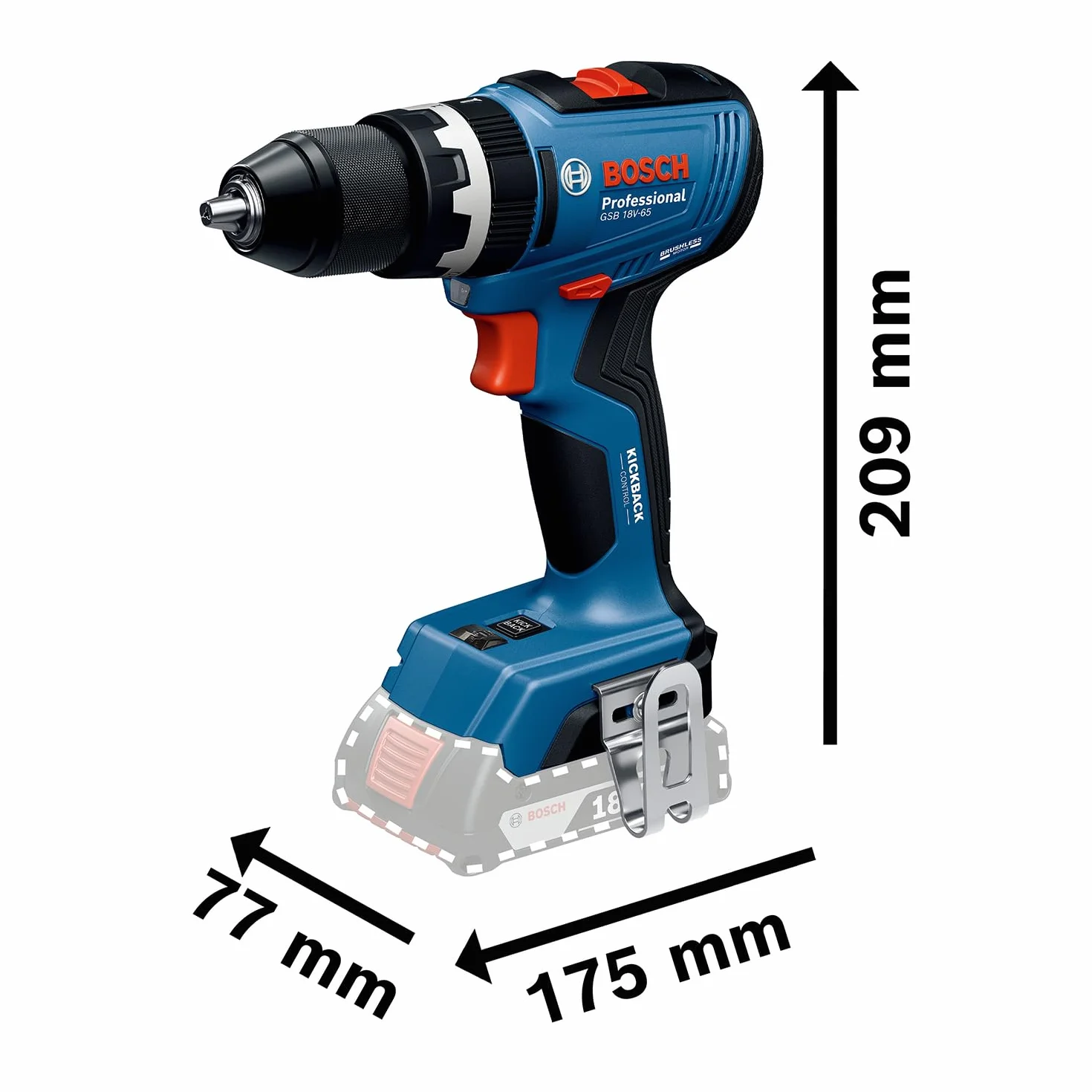 Bosch Professional 18 V firmy Bosch: wiertarko-wkrętarka akumulatorowa GSB 18V-65 (silnik bezszczotkowy, długość korpusu 175 mm, walizka L-BOXX)
