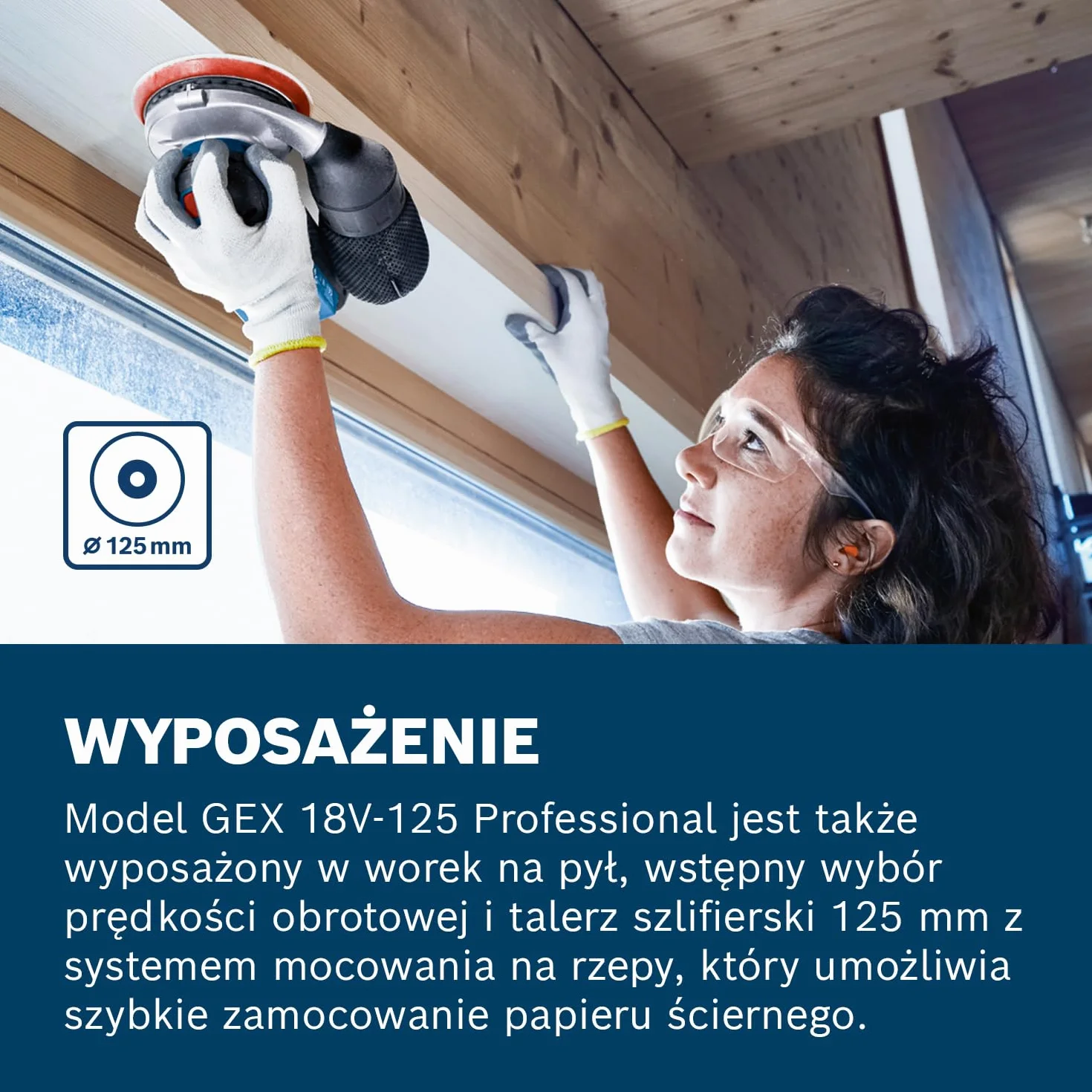 System profesjonalny 18 V firmy Bosch: akumulatorowa szlifierka mimośrodowa GEX 18V-125 talerz szlifierski 125 mm, 1 papier ścierny, worek na pył, walizka L-BOXX, bez akumulatora i ładowarki