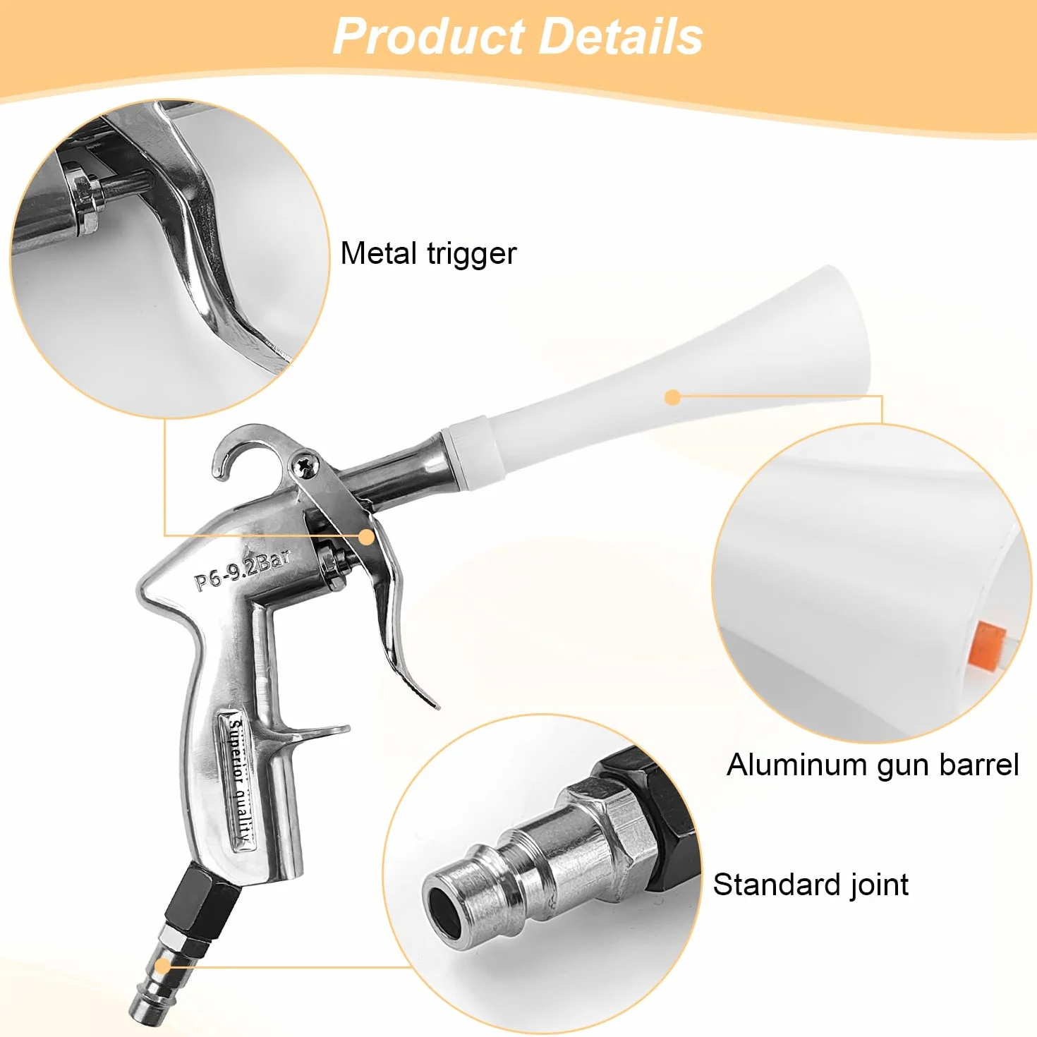 Pistolet do czyszczenia sprężonego powietrza, ciśnienie robocze 6-9,2 bar, pistolet do wydmuchiwania sprężonego powietrza bez pojemnika, pistolet na sprężone powietrze, skutecznie usuwa brud podczas