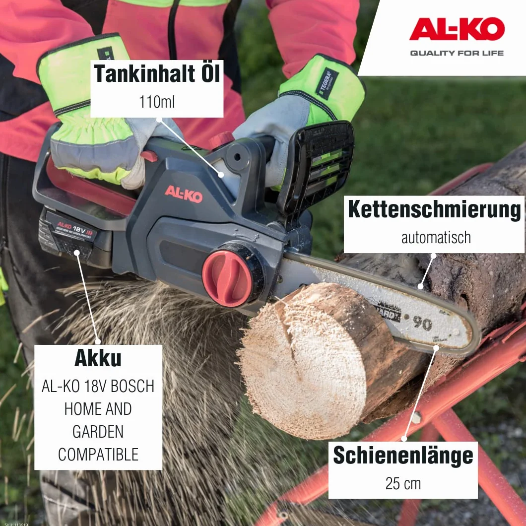 AL-KO Akumulatorowa piła łańcuchowa CS 1825, długość szyny 25 cm, naprężenie łańcucha bez użycia narzędzi, automatyczne smarowanie łańcucha (bez akumulatora/ładowarki)