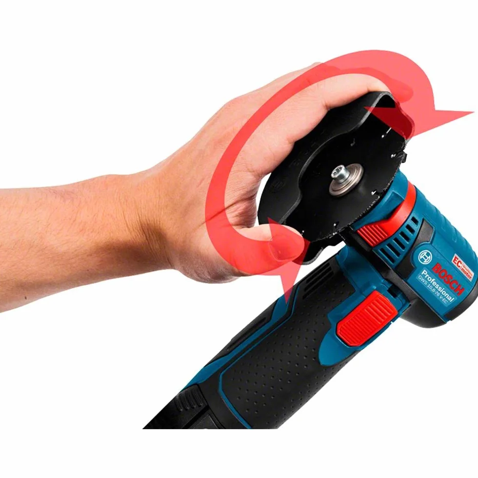 Bosch Professional system 12V: akumulatorowa szlifierka kątowa GWS 12V-76 (1 tarcza tnąca z węglików spiekanych, 2 tarcze tnące Inox, osłona)