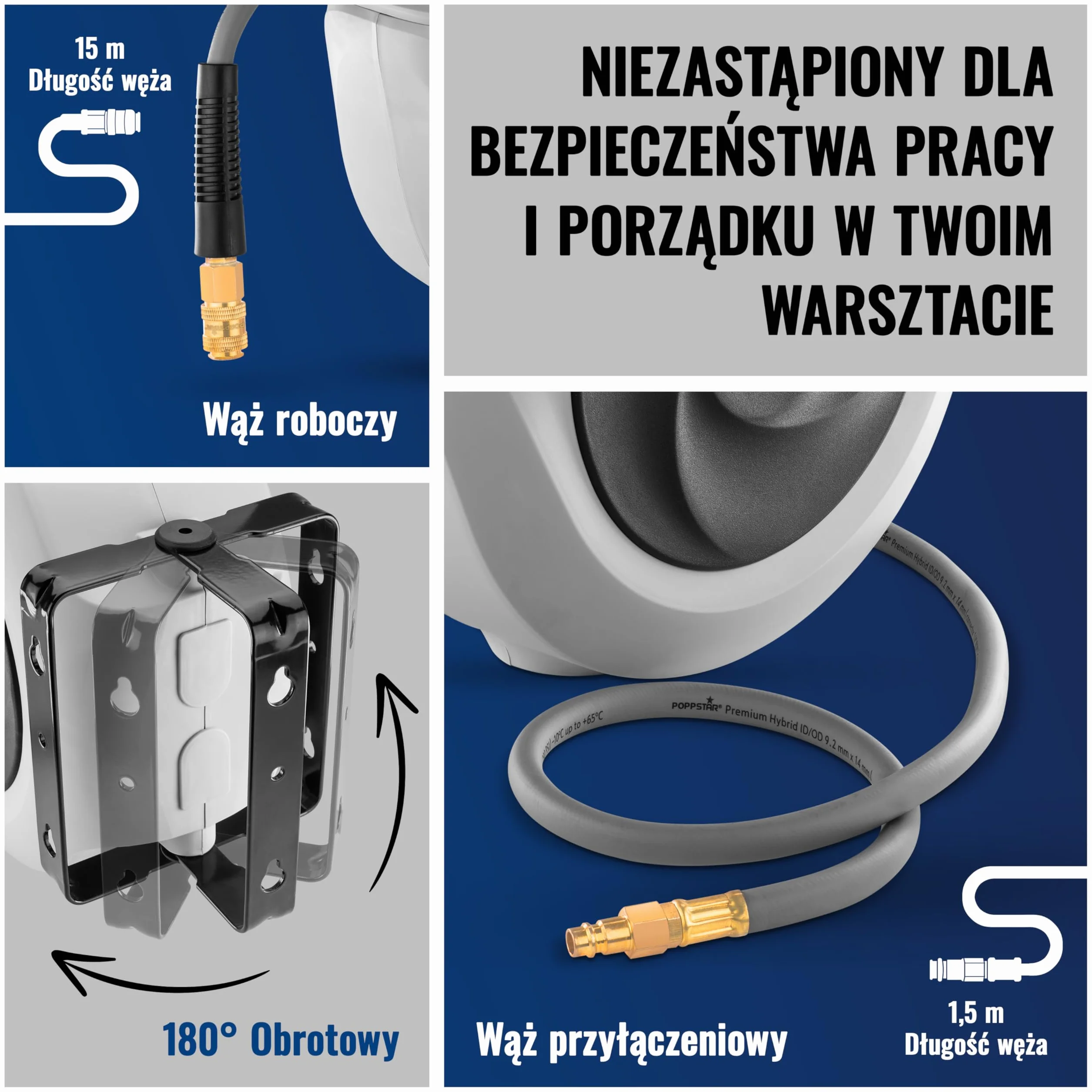 Poppstar wąż pneumatyczny zwijany (15m+1,1m, średnica 3/8"(9,2x14mm) szybkozłączka 1/4" BSPT) automatyczny zwijacz węża pneumatycznego