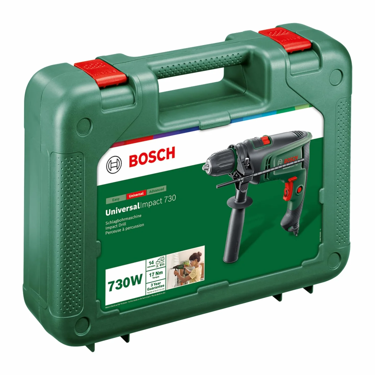 Bosch sieciowa wiertarka udarowa UniversalImpact 730 (precyzyjne wiercenie w murze, drewnie i stali, silnik 730 W, walizka)