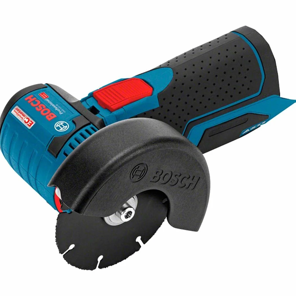 Bosch Professional system 12V: akumulatorowa szlifierka kątowa GWS 12V-76 (1 tarcza tnąca z węglików spiekanych, 2 tarcze tnące Inox, osłona)
