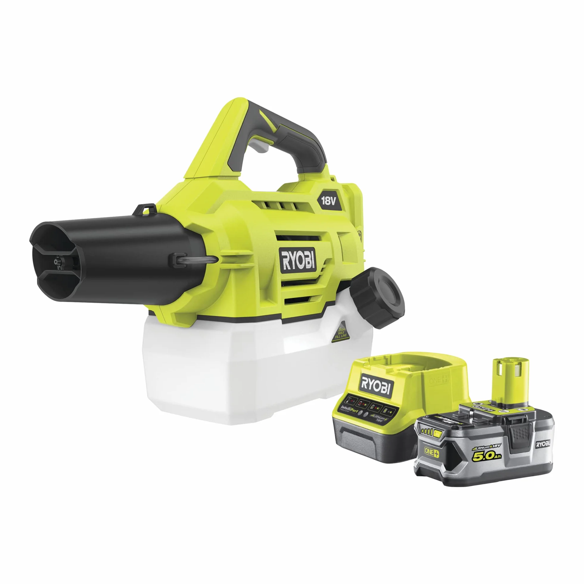 Ryobi RY18FGA-150 Zamgławiacz Akumulatorowy 18V, Bezprzewodowy Rozpylacz Mgły, Zestaw Zawiera 1 Akumulator 5.0 Ah, Ładowarkę