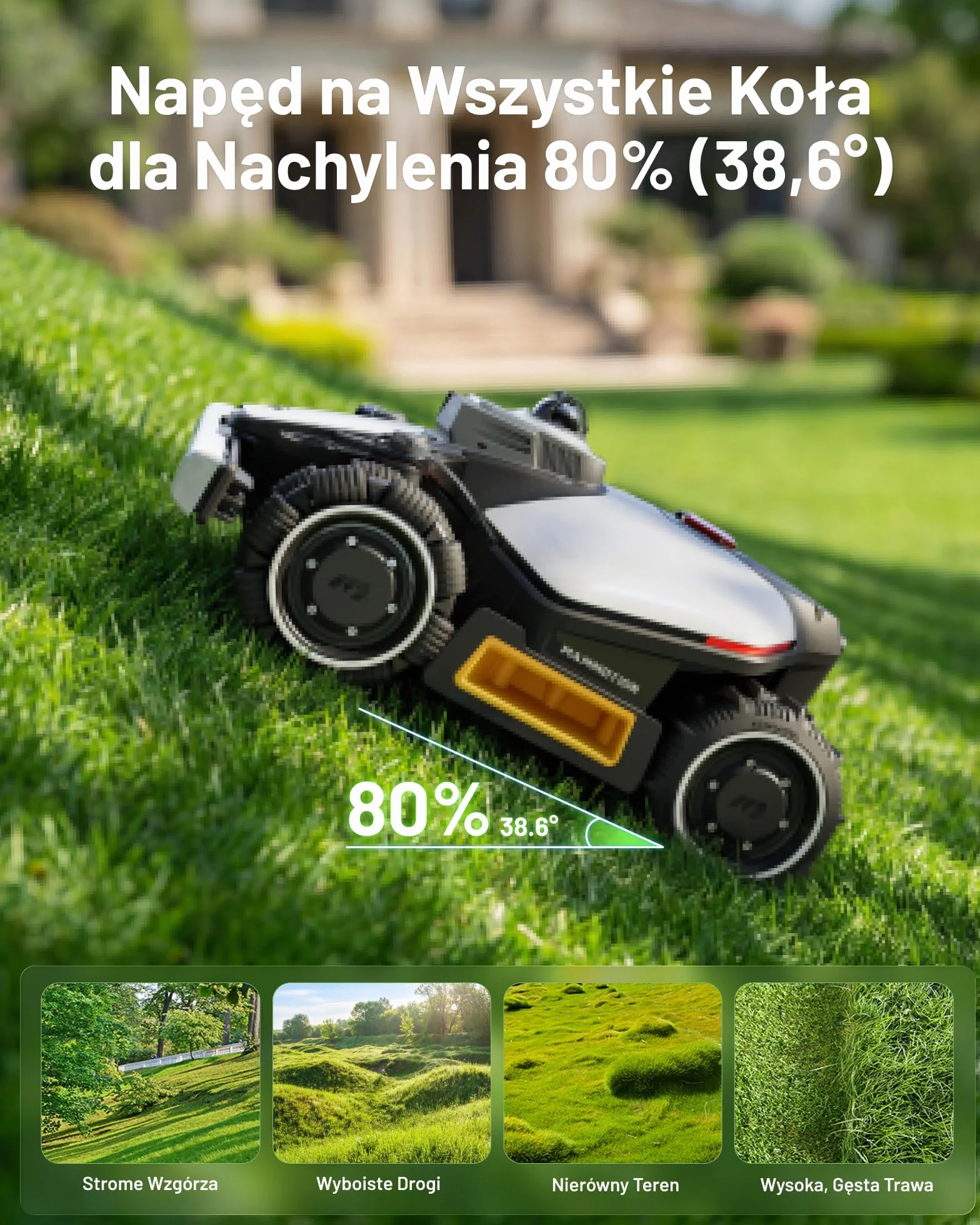 MAMMOTION LUBA mini 2 AWD 1500 Robot Koszący bez Przewodu Obwodowego LiDAR 360° Podwójna Kamera AI Vision Podwójne Tarcze Tnące Auto Regulacja Wysokości Nachylenie 80%