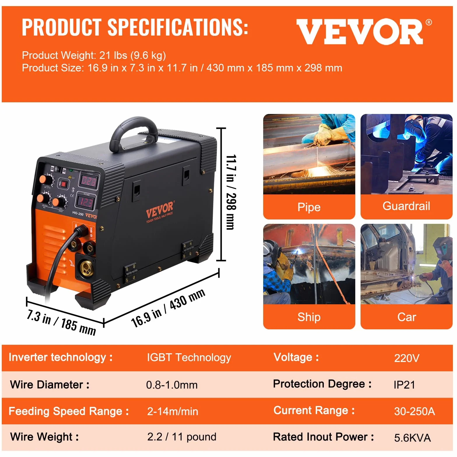 VEVOR Spawarka MIG/MMA/TIG 3w1 50-250A IGBT 5,6kVA IP21S