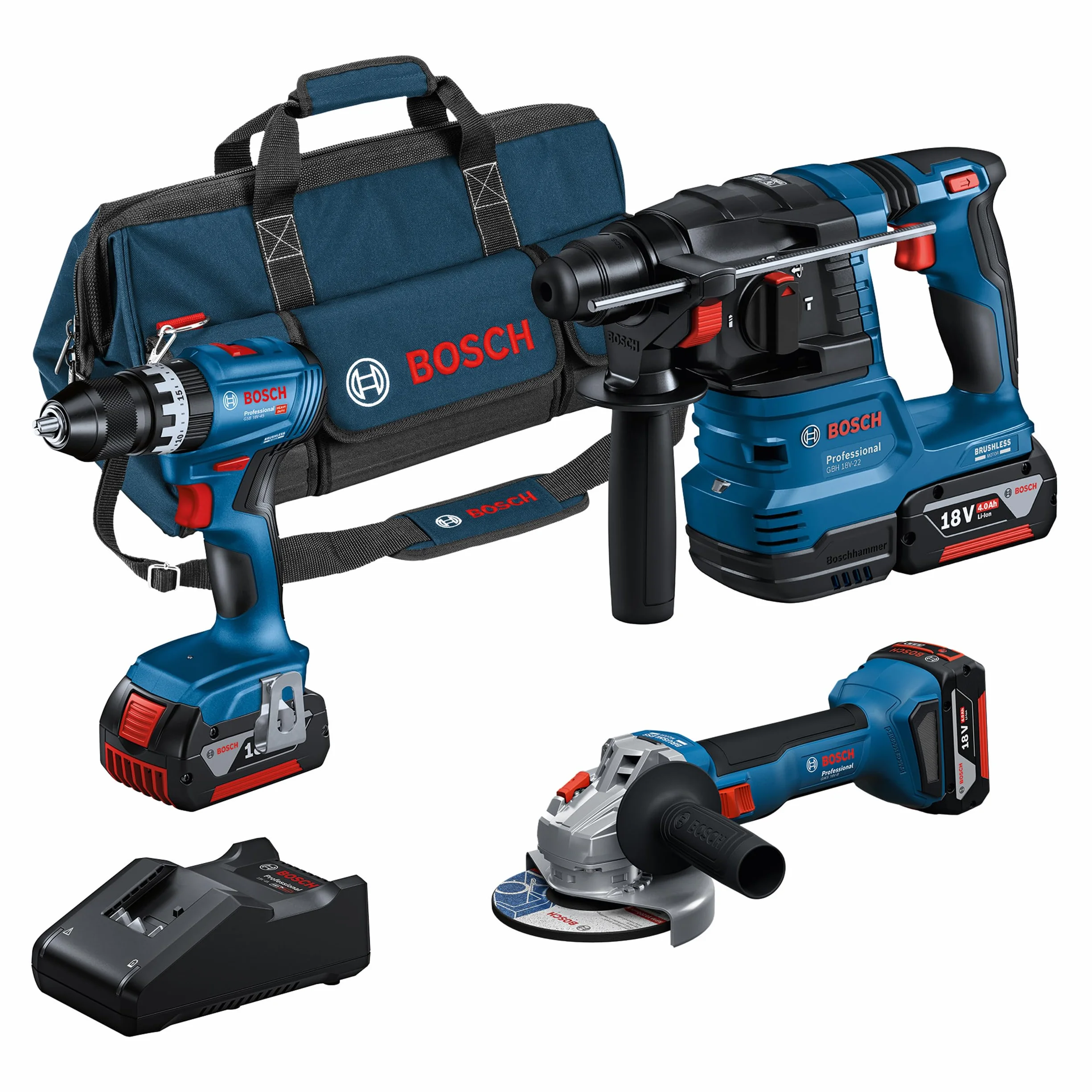 Bosch Professional 18V System Akumulatorowy zestaw Combo: GSB 18V-45 + GBH 18V-22 + GWS 18V-8 (zestaw: 3 akumulatory GBA 18V 4.0Ah, ładowarka GAL 18V-40, torba) – Amazon Exclusive