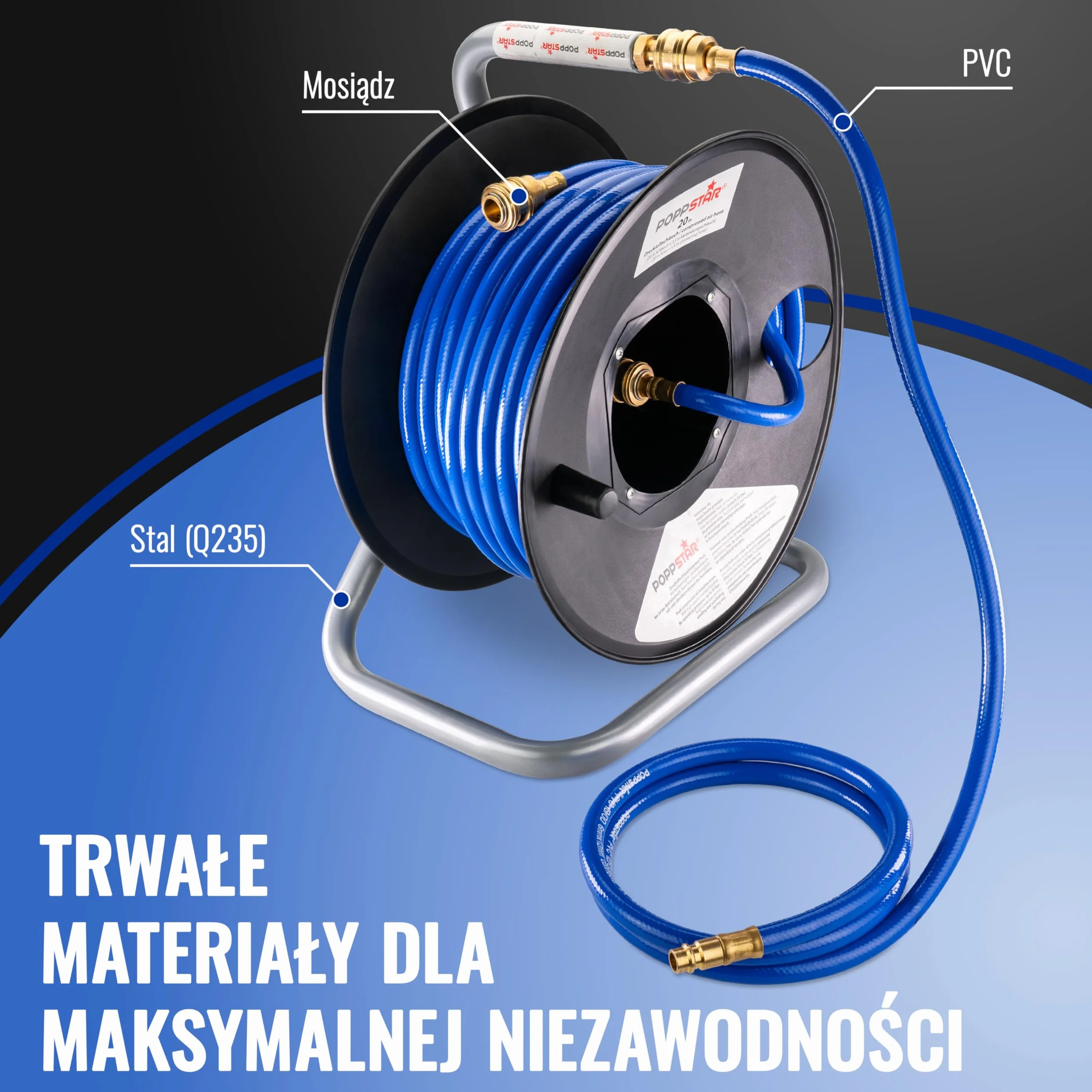 Poppstar ręczny bęben wykonany z PVC na wąż do sprężonego powietrza (długość 20m+1,5m, średnica (6x11,5mm)), przyłącza 1/4 cala BSPT
