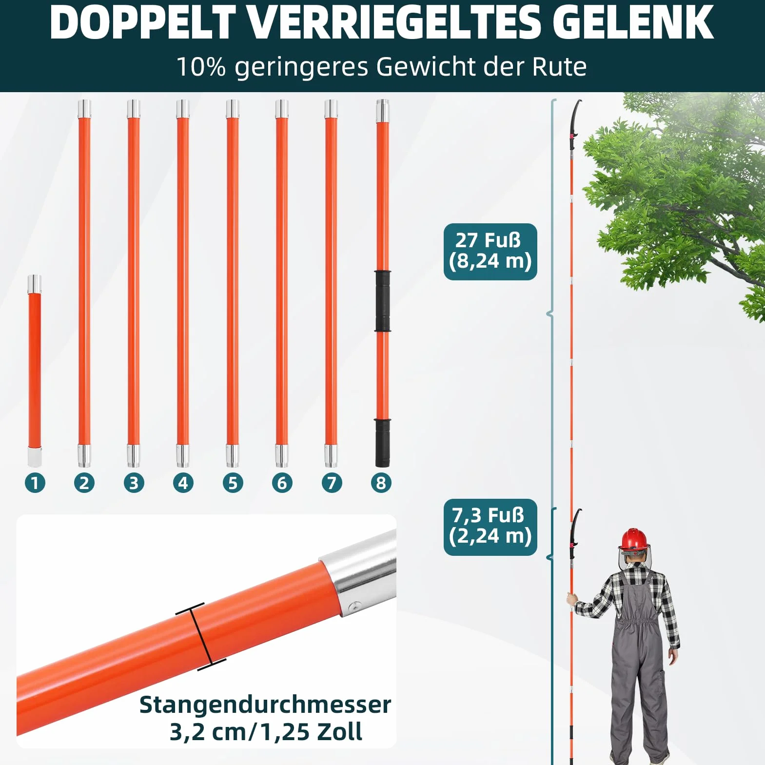 Ręczny trymer do słupków 7,3-27 ft Extendable Tree Pruner, ostre stalowe ostrza, przycinarka gałęzi z 8 uchwytami z włókna szklanego
