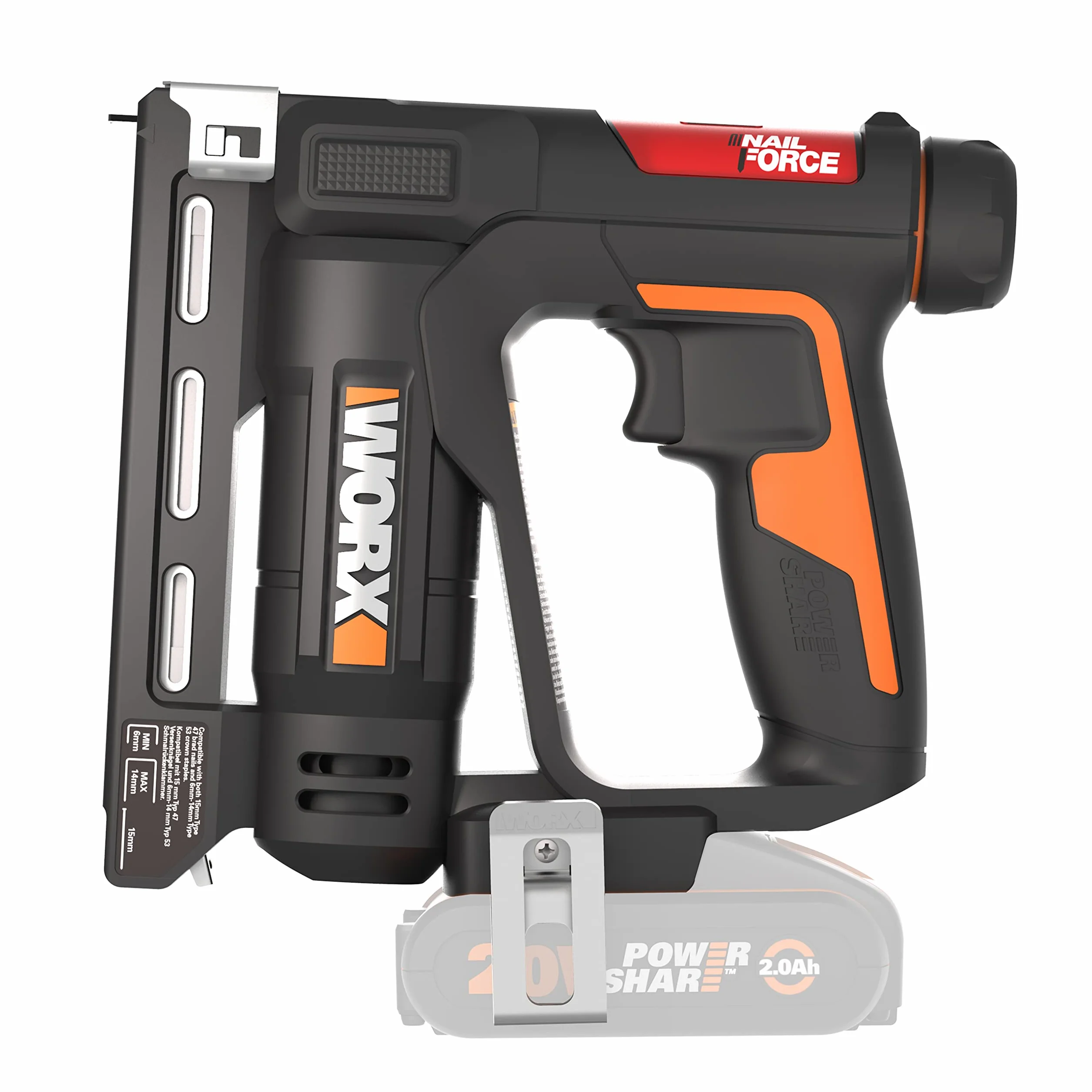WORX NailForce WX843.9 zszywacz akumulatorowy 20 V, do gwoździ 15 mm i zszywek do 14 mm, łatwe ładowanie magazynka, 60 gwoździ/min sekwencja strzałów, bez akumulatora i ładowarki, kompatybilny z