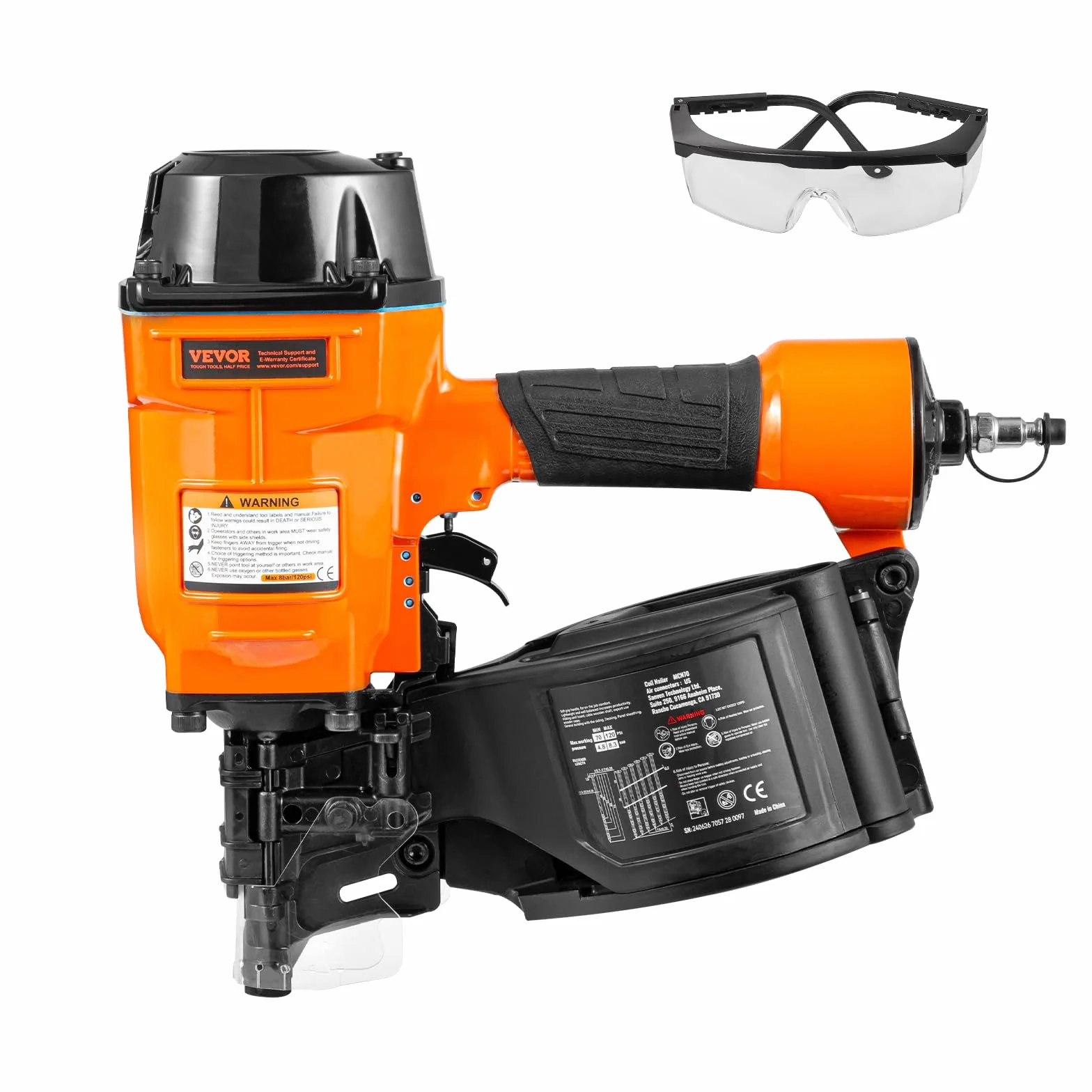 VEVOR Gwoździarka pneumatyczna, 45-70 mm, gwoździarka pneumatyczna 15°, MCN70, 70-120 PSI, głowica gwoździa Φ5,5 - Φ7 mm, pistolet do gwoździ do palet, skrzynek, ram, okładzin, ogrodzeń