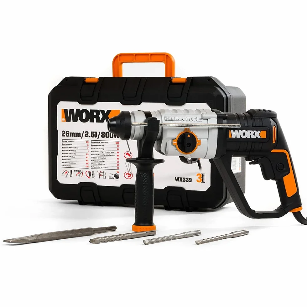 WORX WX339 młot udarowo-obrotowy 800 W – młot udarowo-obrotowy 3 w 1 jako wiertarka, wiertarka udarowa i dłuto – szybka i wygodna wymiana bitów i wierteł