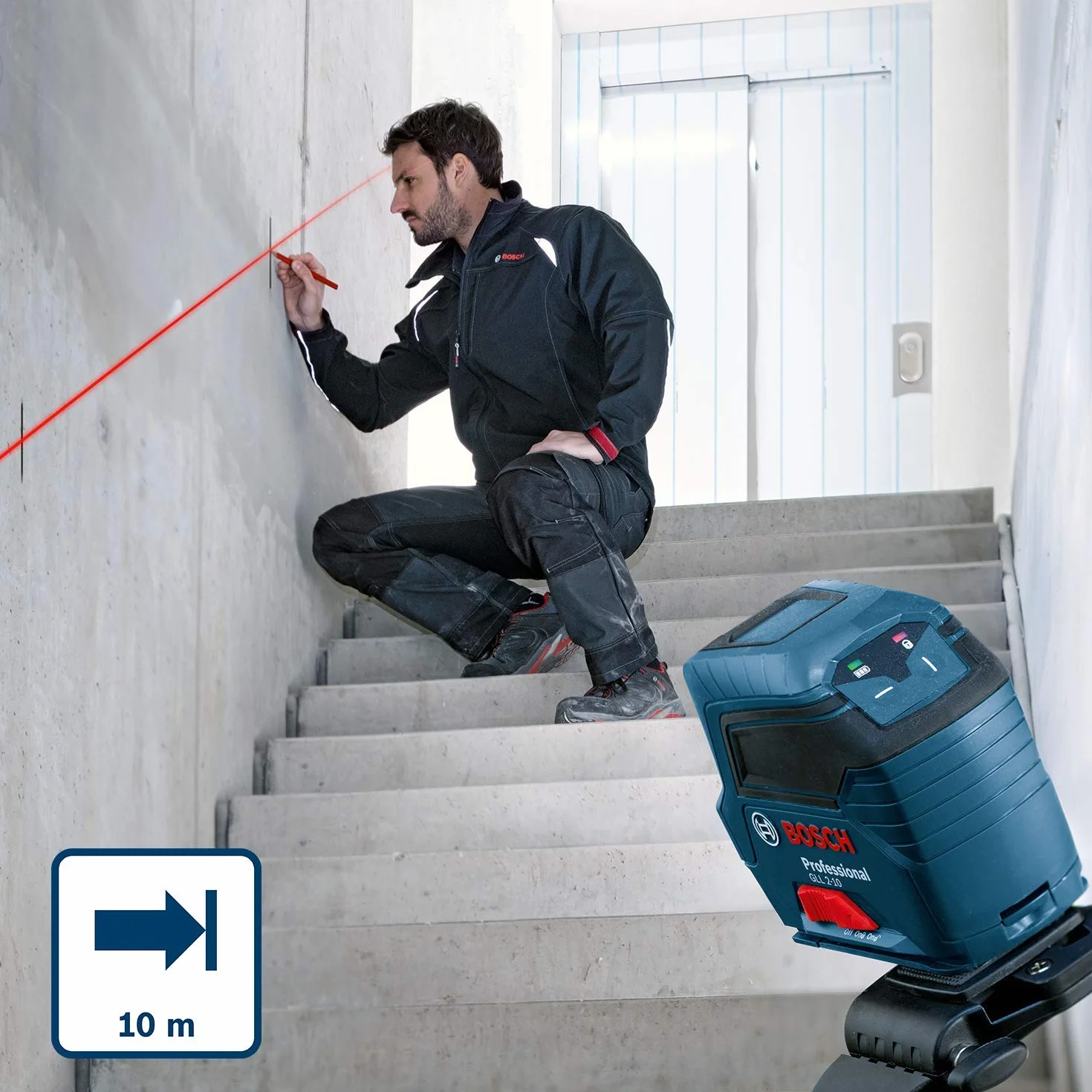 Bosch Professional Laser liniowy GLL 2-10, czerwona wiązka, zasięg 10 m, zestaw z bateriami AA i pokrowcem
