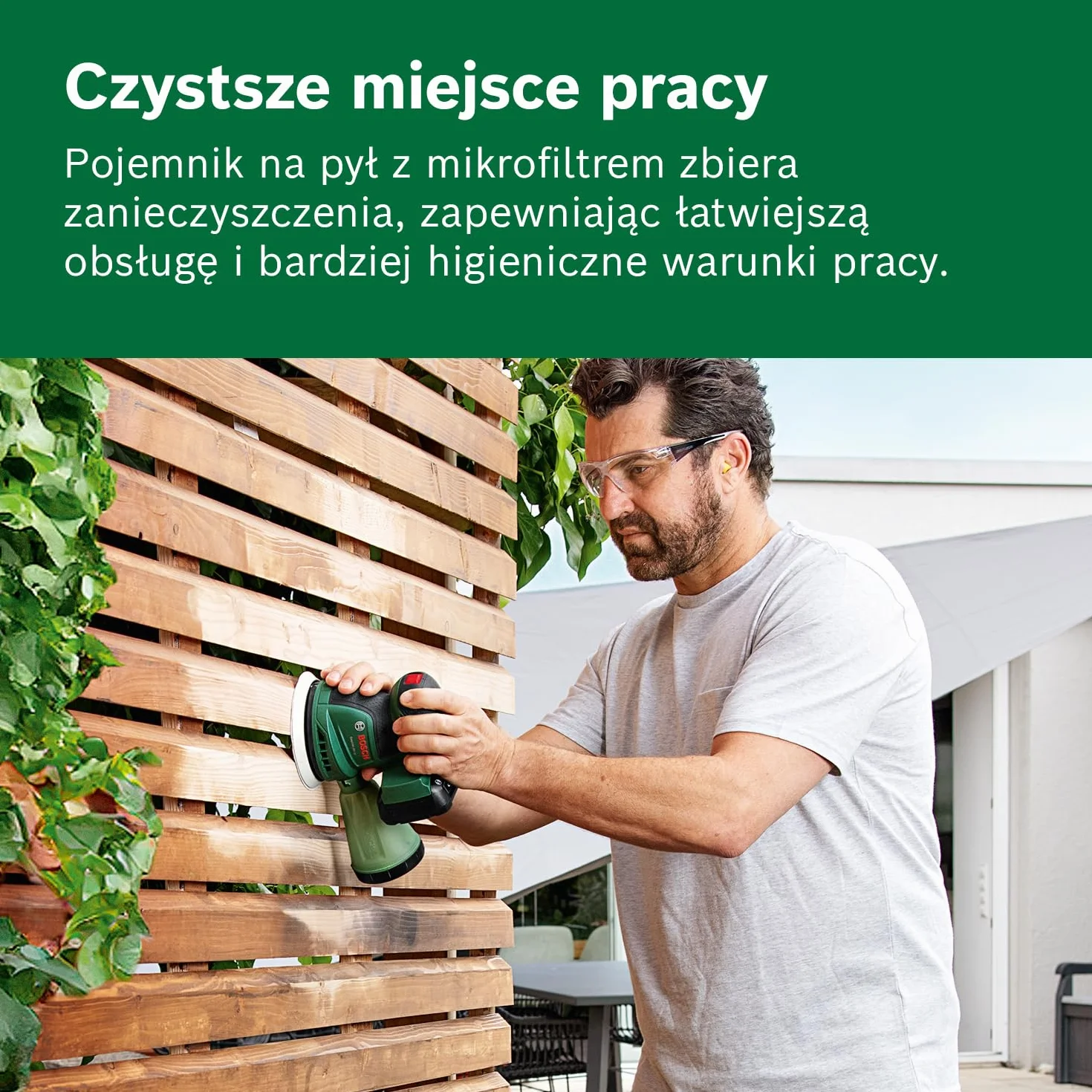 Bosch Akumulatorowa szlifierka mimośrodowa EasyOrbit 18V-10 (szlifowanie małych i średnich powierzchni drewnianych, lazurowanych i malowanych, średnica: 125 mm, akumulator 2,0 Ah i ładowarka)