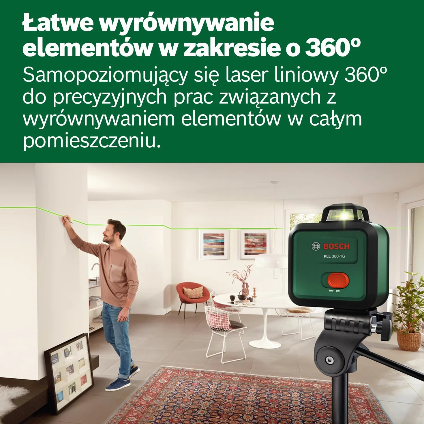 Bosch Laser płaszczyznowy PLL 360-1G (zielona wiązka laserowa 360°, funkcja samopoziomowania, dokładność ±0,4 mm/m, zintegrowany akumulator Li-ion, USB-C®, opakowanie kartonowe E-Commerce)