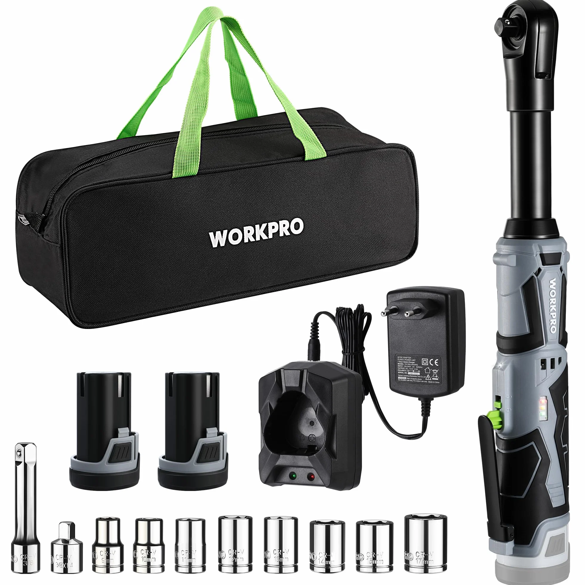 WORKPRO Akumulatorowy klucz zapadkowy 12 V 55 Nm, z 2 akumulatorami 2,0 Ah, zestaw 10 kluczy nasadowych 3/8", światło LED, torba