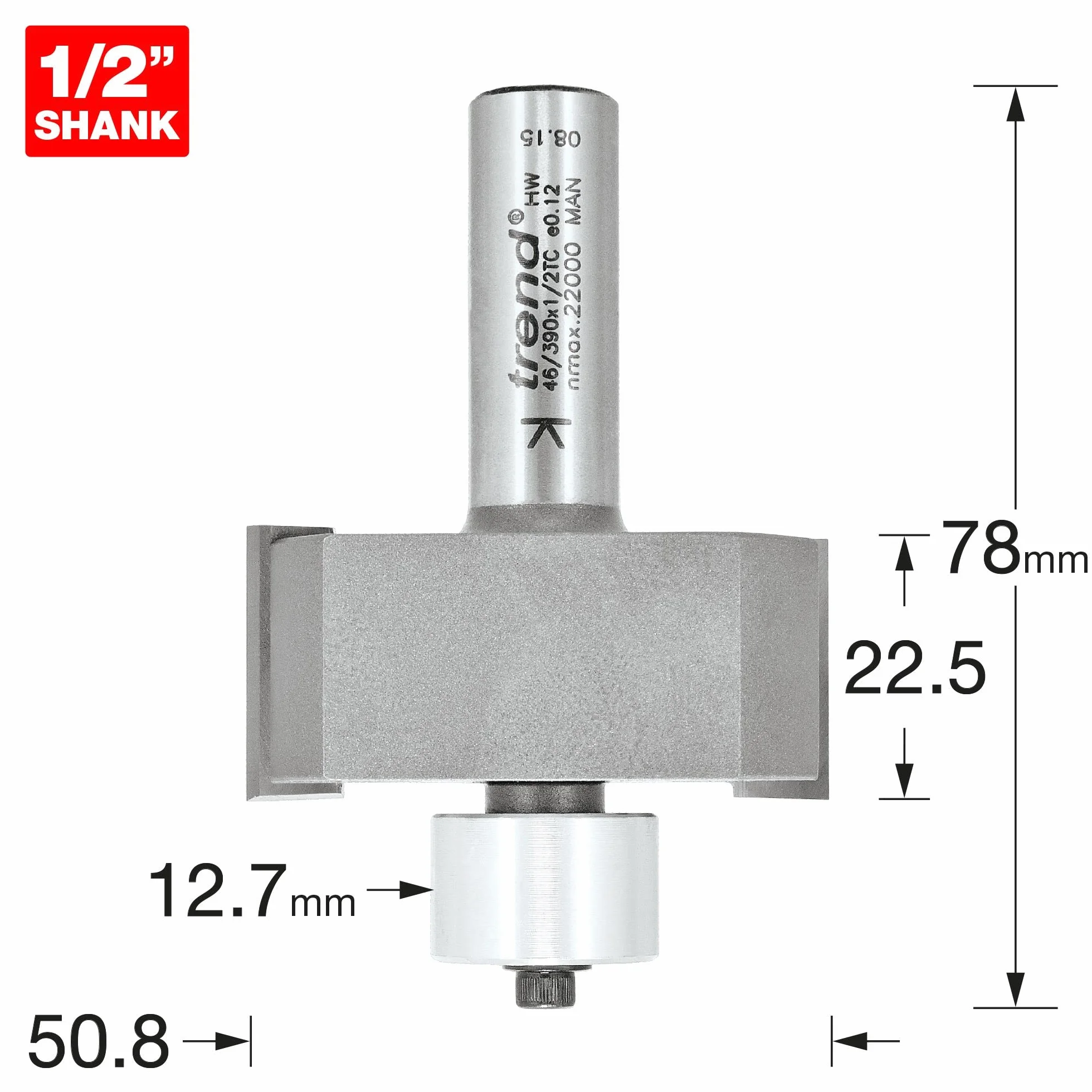 Trend Profesjonalny duży frez do wręgów z prowadzeniem, trzpień 1/2 cala, średnica cięcia 50,8 mm, długość cięcia 22,5 mm, węglik spiekany (TCT), 46/390X1/2TC