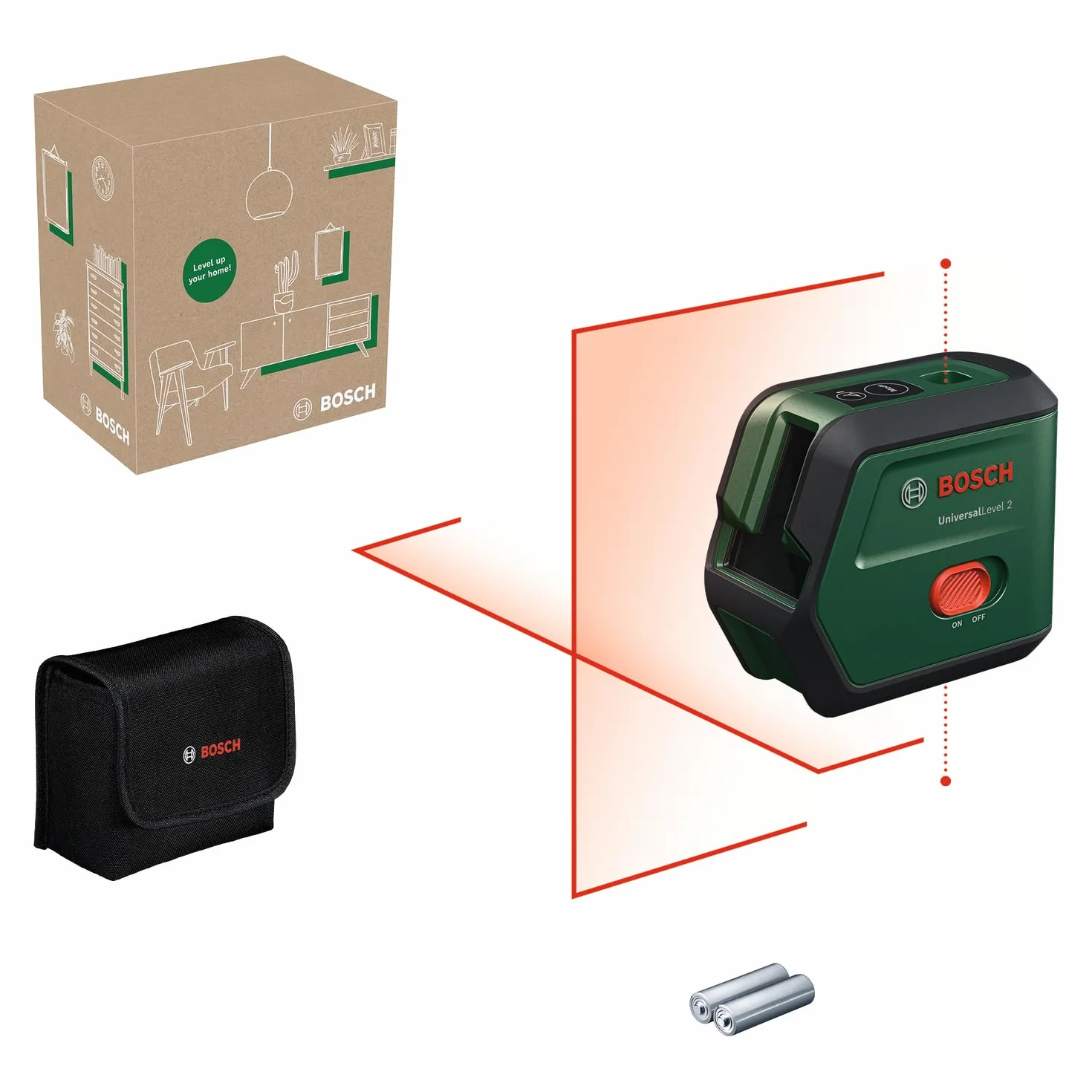 Laser krzyżowy Bosch UniversalLevel 2 (linia laserowa skrzyżowana wraz z dodatkowymi punktami w pionie do precyzyjnego wyrównywania elementów i łatwego przenoszenia punktów, opakowanie kartonowe)