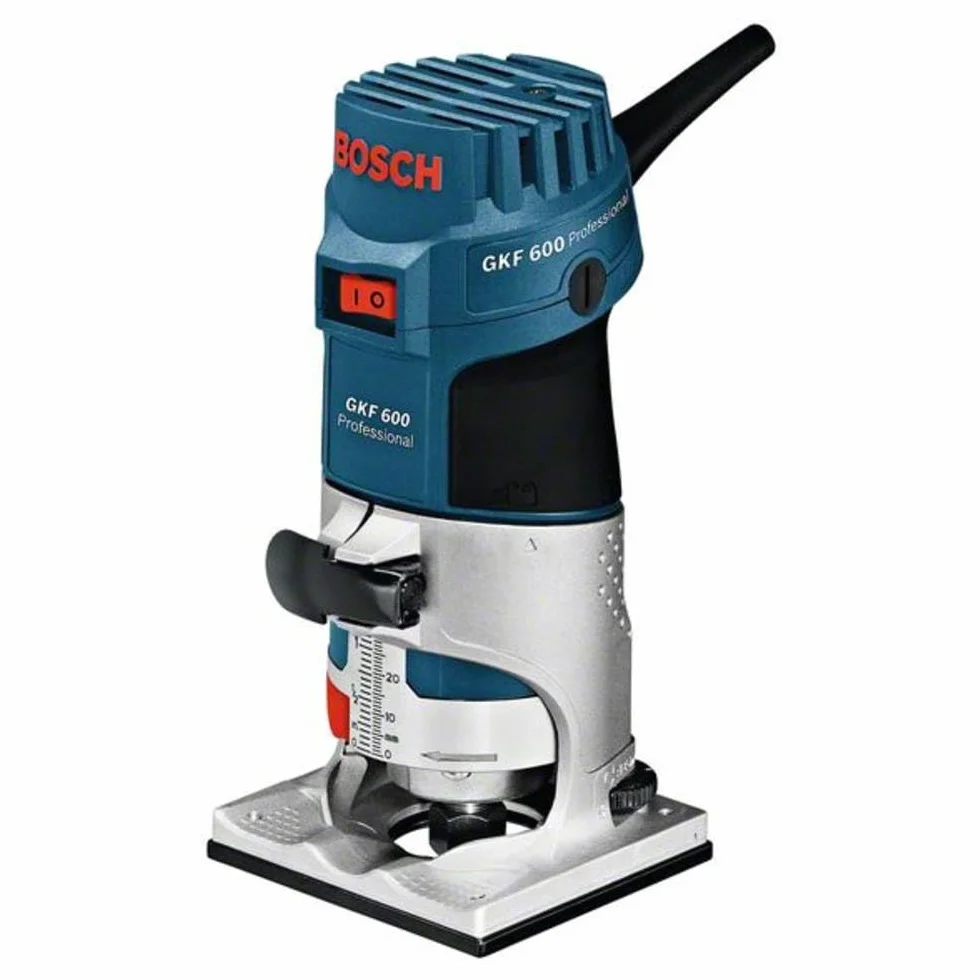 Bosch Professional: frezarka krawędziowa GKF 600 (klucz płaski, prowadnica równoległa, pomocniczy element prowadzący, tuleje zaciskowe 6 + 8 mm, walizka)