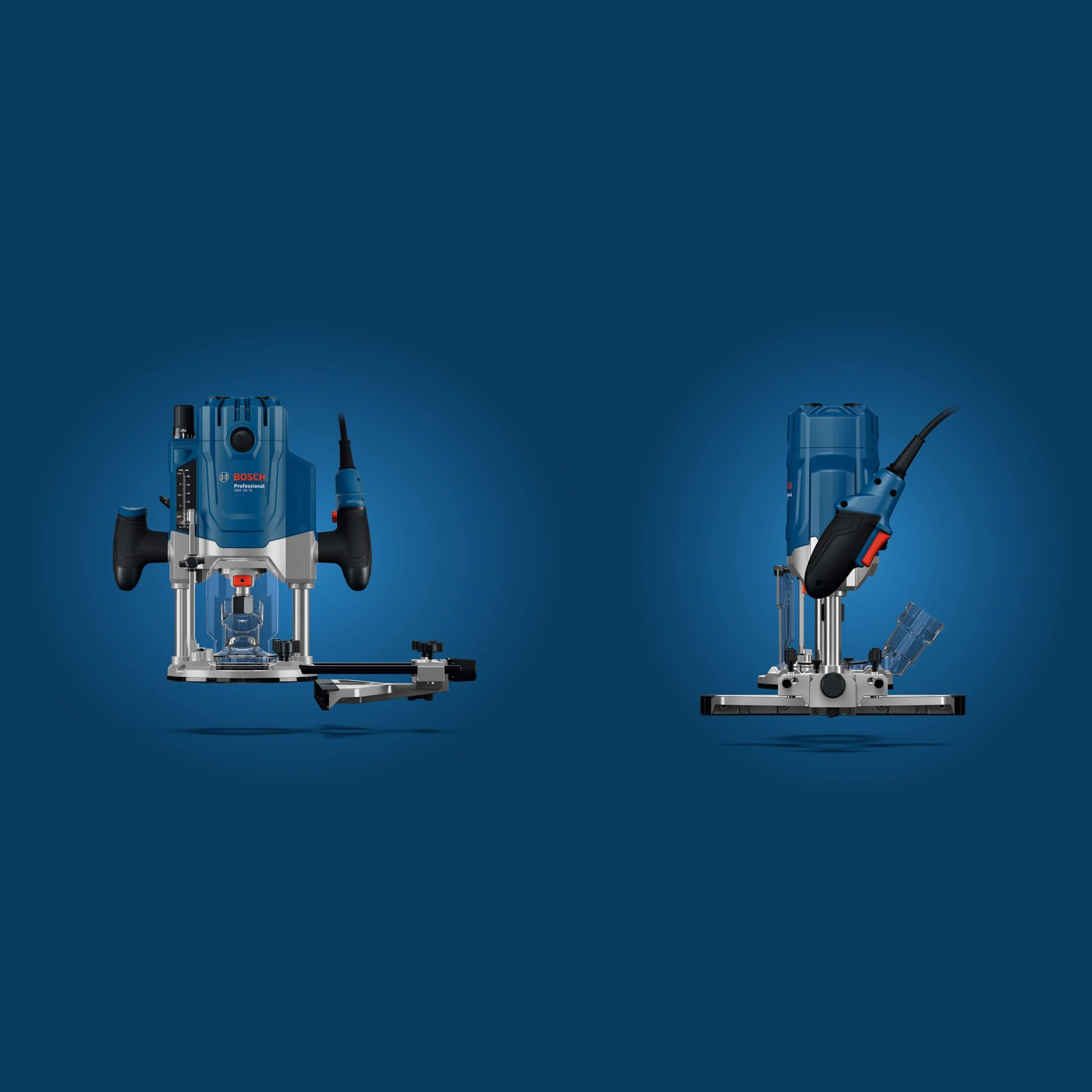 Bosch Professional Sieciowa frezarka górnowrzecionowa GOF 20-12 (moc nominalna 2 000 W, adapter do odsysania pyłu, prowadnica rolkowa i równoległa, zestaw tulei)