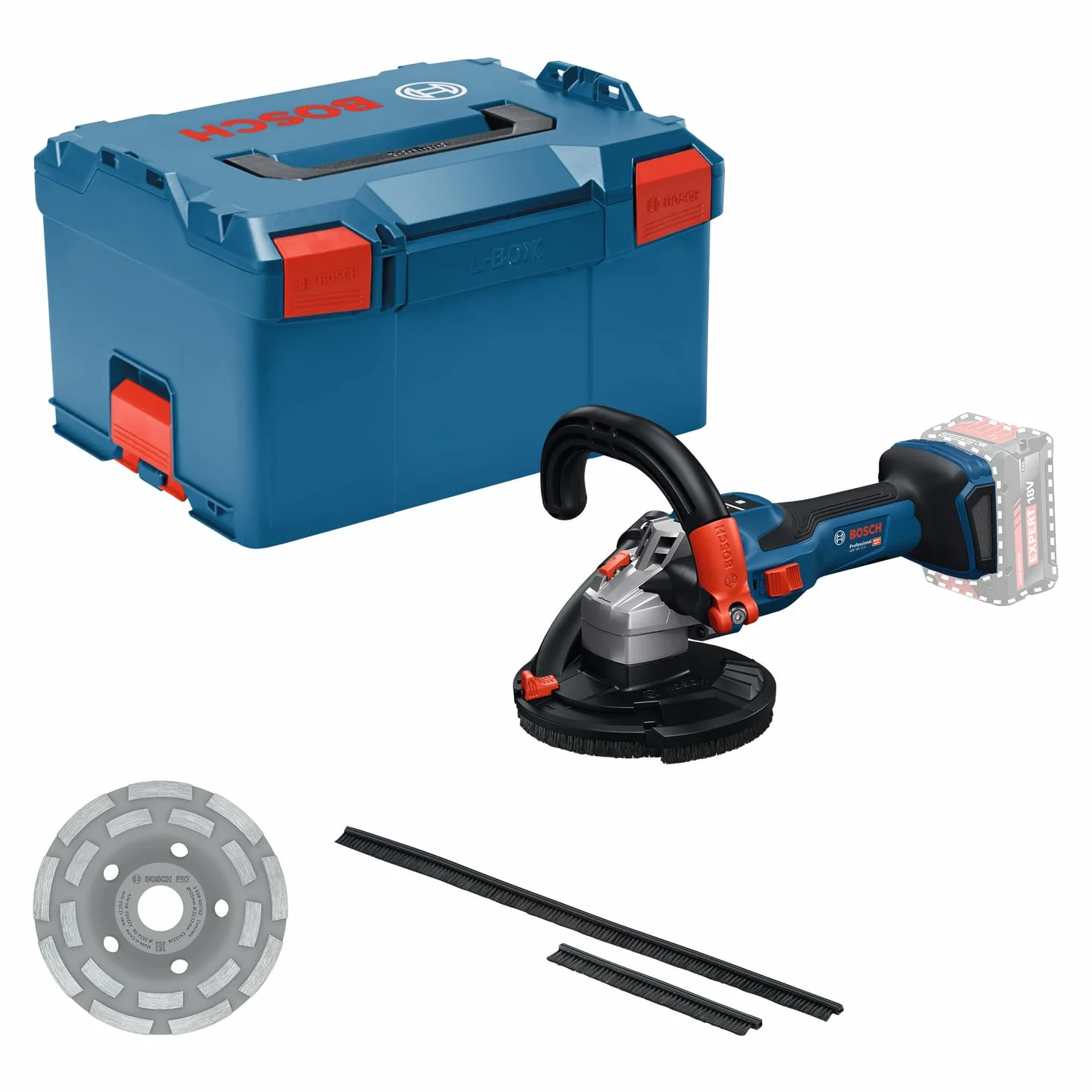 Bosch Professional 18V System Akumulatorowa szlifierka do betonu GBR 18V-15 S (walizka L-BOXX 238, diamentowa tarcza garnkowa, klucz widełkowy, zapasowy dwuczęściowy wieniec szczotkowy)
