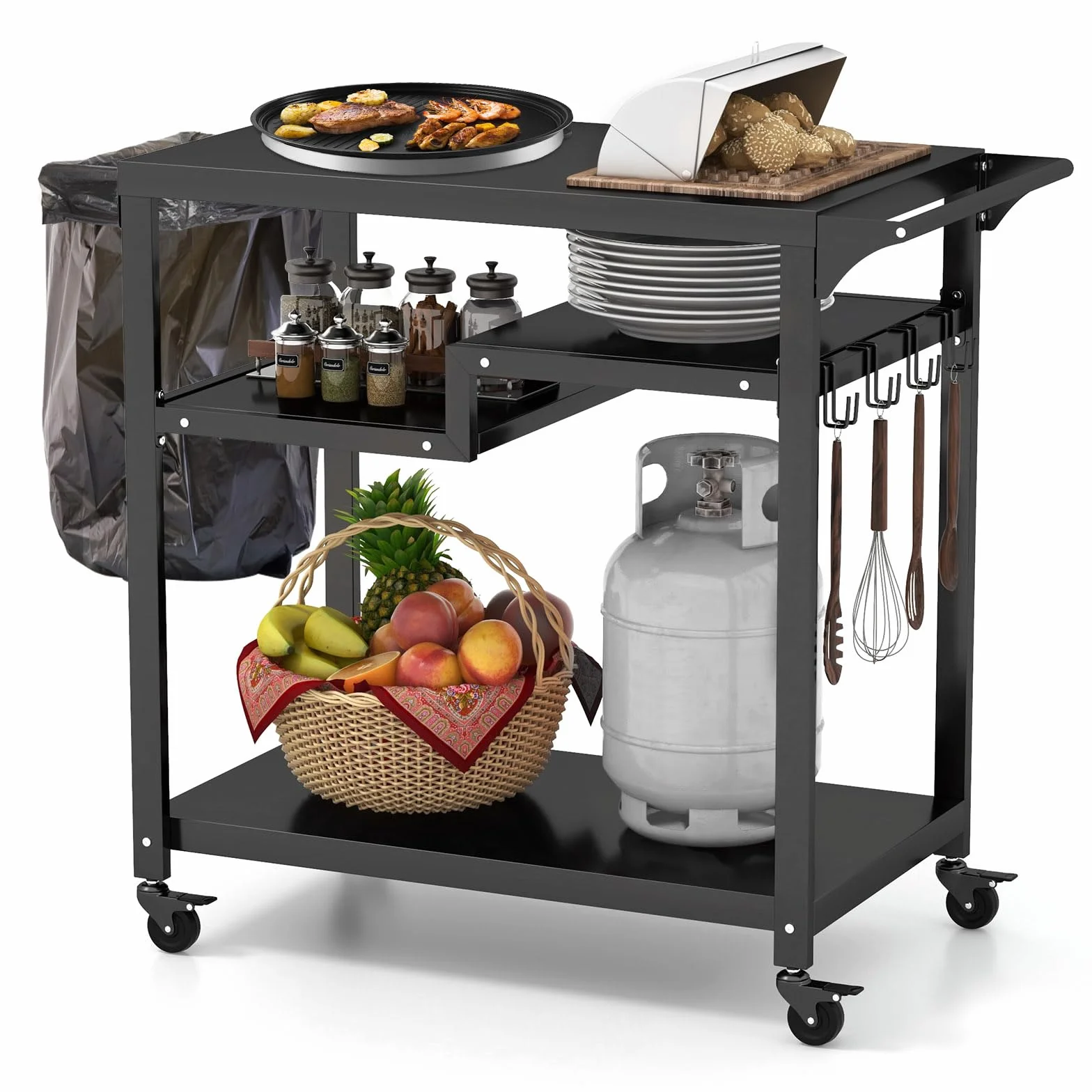 KOMFOTTEU Metalowy wózek do serwowania, wózek ogrodowy ze stołem roboczym, 4 półki i uchwyt, stół do grillowania, grill na kółkach, w zestawie 6 haczyków i uchwytów na worki na śmieci, wózek kuchenny