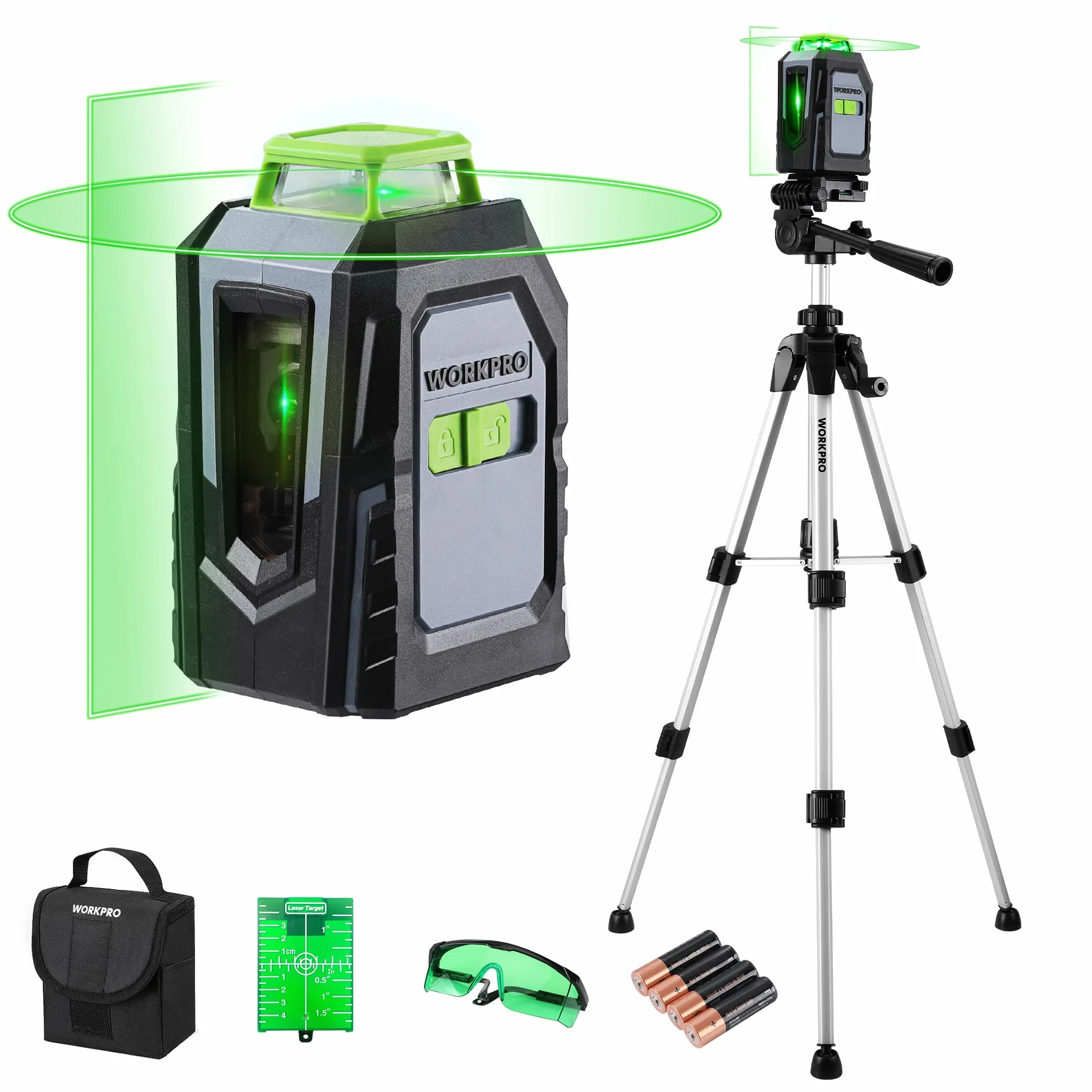 WORKPRO Poziomica Laserowa 360° z Statywem, Zielony Laser Krzyżowy 30 m, Tryb Poziomy/Pionowy/Krzyżowy, Automatyczne Poziomowanie, Idealna Do Placów Budowy