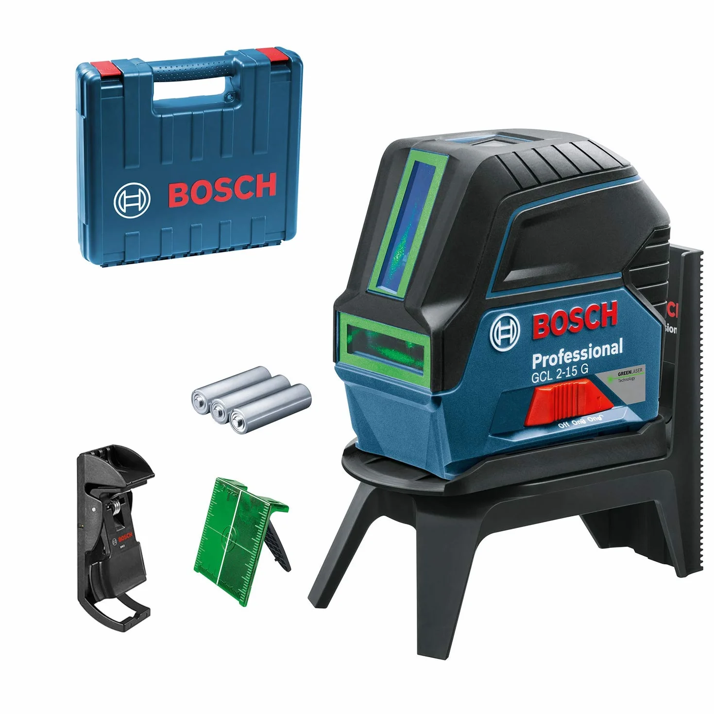 Bosch Professional Laser wielofunkcyjny GCL 2-15 G zielona wiązka 15 m 3 baterie 1,5 V uchwyt obr. RM 1 walizka