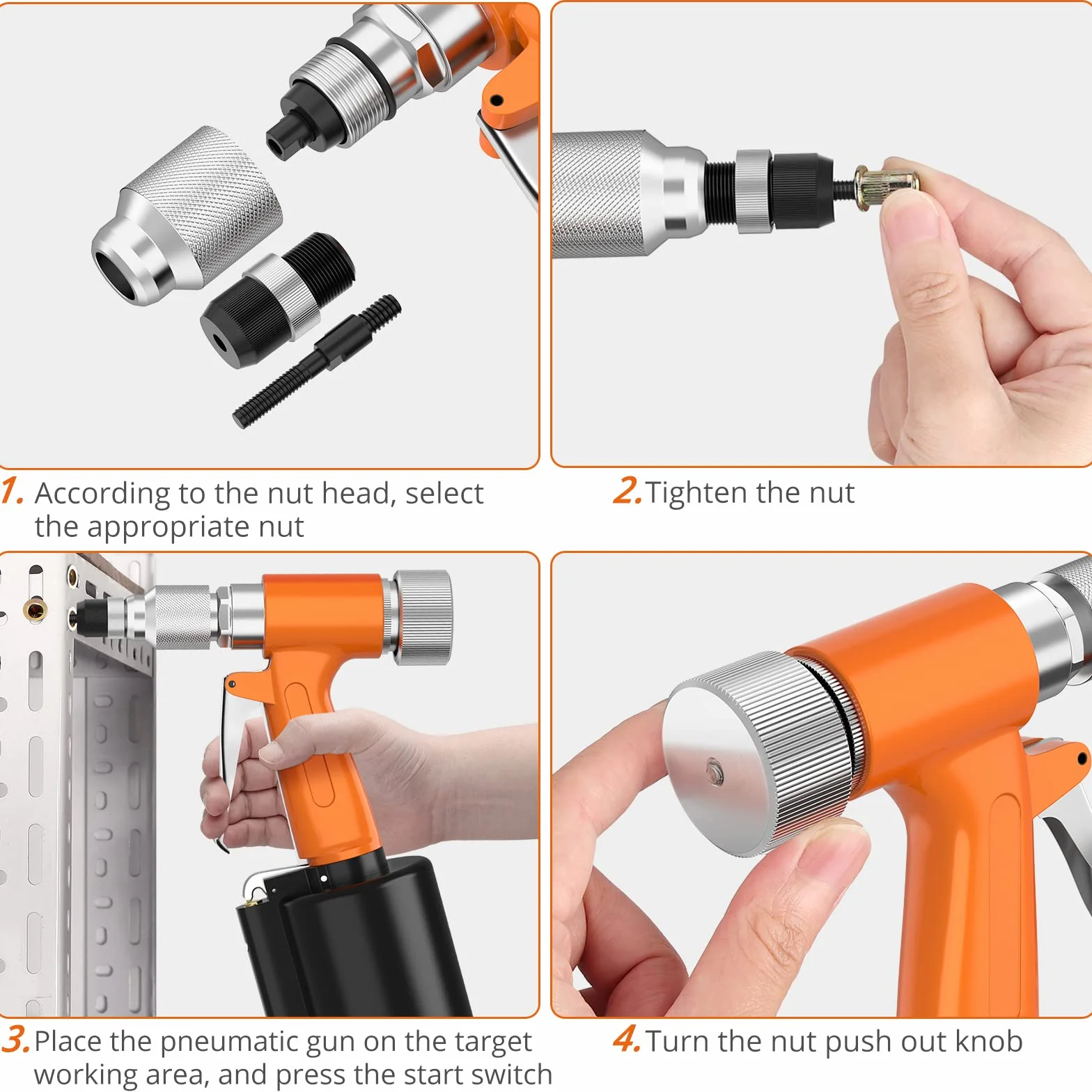Pneumatyczny pistolet do nakrętek Proster Heavy Duty Pneumatyczny zestaw do regulacji nakrętek ze stali nierdzewnej 100 szt. M4 M5 M6 M8 M10