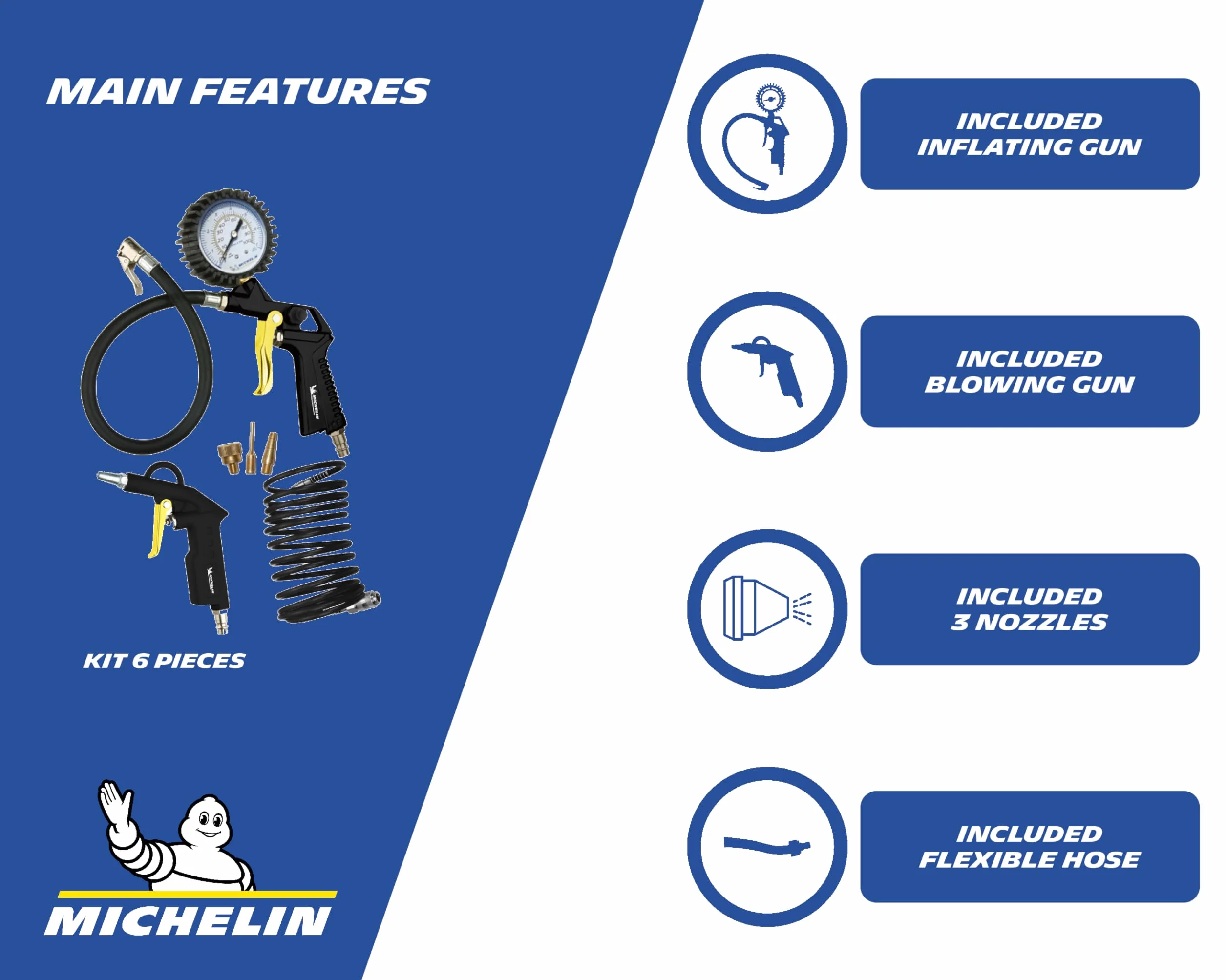 MICHELIN 3-częściowy zestaw na sprężone powietrze (zawiera pistolet do napełniania z manometrem, wąż spiralny 5 m, krótki pistolet do wydmuchiwania) – maksymalne ciśnienie: 8 bar