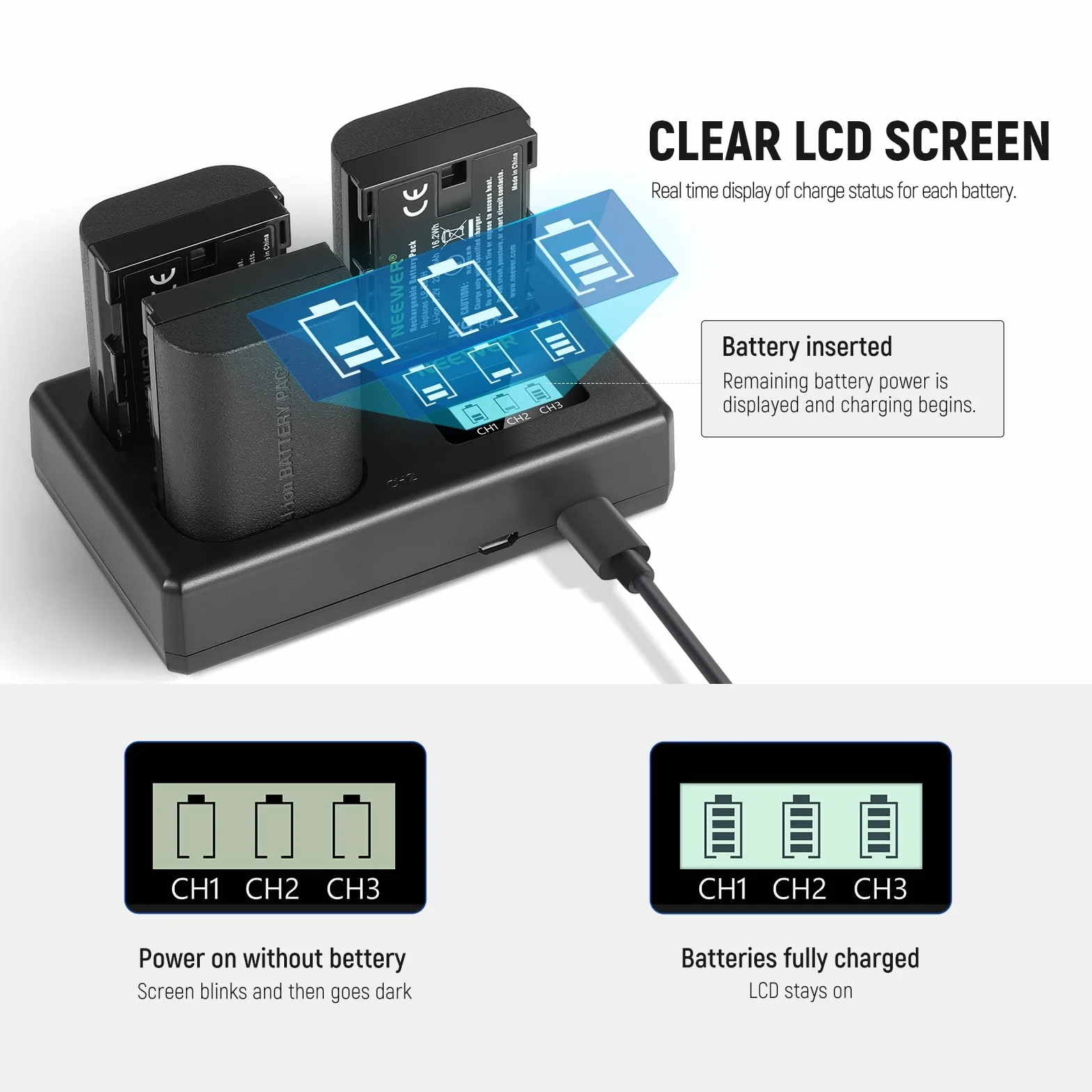 NEEWER LP-E6NH zestaw akumulatorów i ładowarki USB 3-pak 2250 mAh kompatybilny z Canon EOS R7 R5 R6 R6 II 5DIV 6DII 7DII