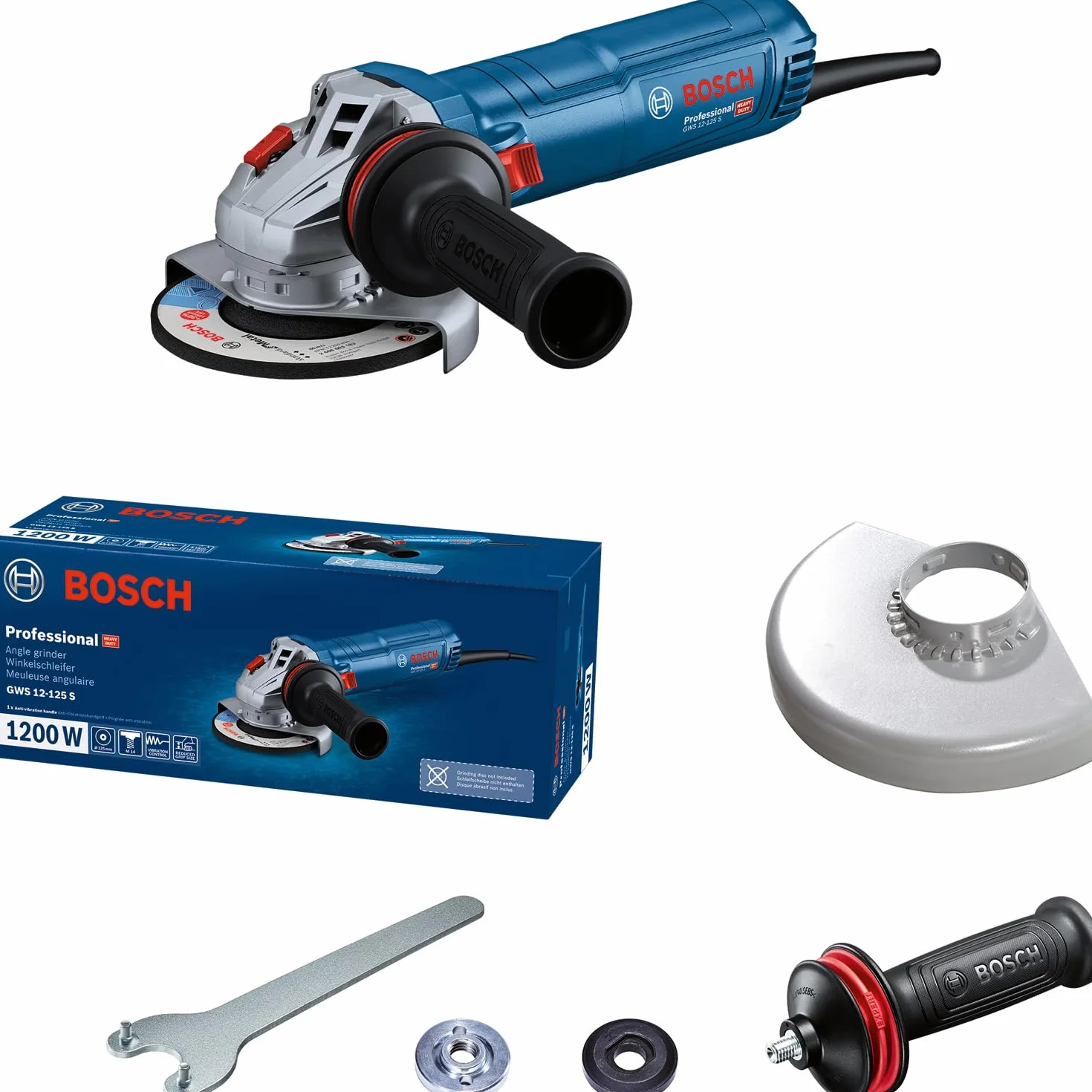 Bosch Professional: szlifierka kątowa GWS 12-125 S (kołnierz mocujący, osłona, nakrętka mocująca, rękojeść dodatkowa z systemem Vibration Control, klucz oczkowy)