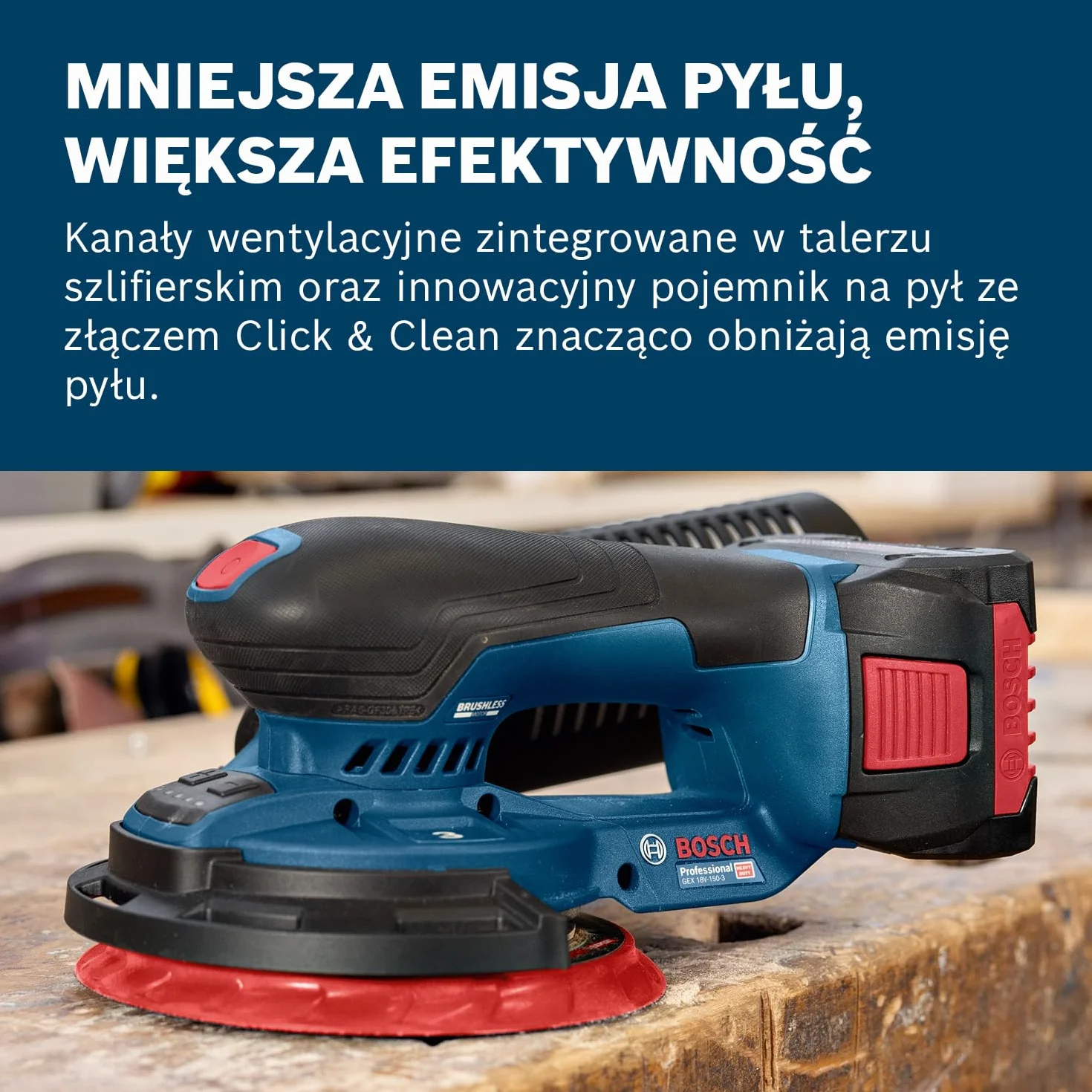 Bosch Professional 18 V firmy Bosch: szlifierka akumulatorowa GEX 18V-150-3 (1x papier ścierny, 1x pojemnik na pył, 1x pierścień ochronny)