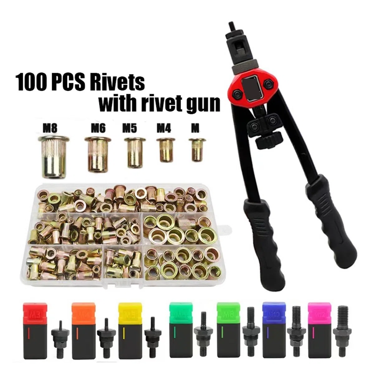 Pistolet do Gwoździ, 100 Sztuk Nitonakrętka Lub Ręcznie Gwintowane Nitonakrętki Pistolet BT606 M3 M4 M5 M6 M8 Podwójna Wkładka Ręczna Nitownica Pistolet Do Nitowania Rivnut Tool(BT606 Rivet Gun)