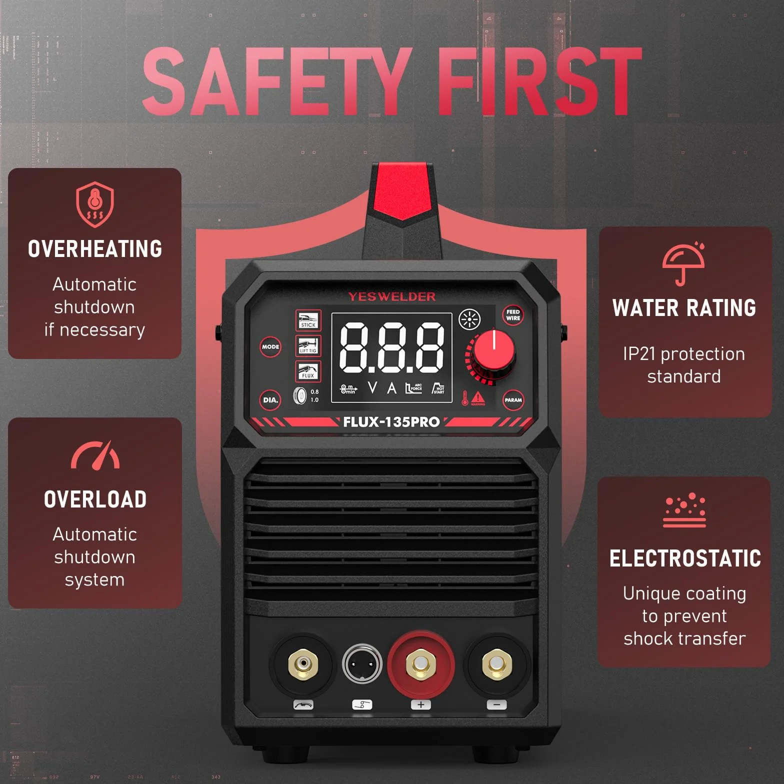 YESWELDER 135A MIG Spawarka bez Gazu 230V Flux 3 w 1 MIG/Lift TIG/Stick Inverter