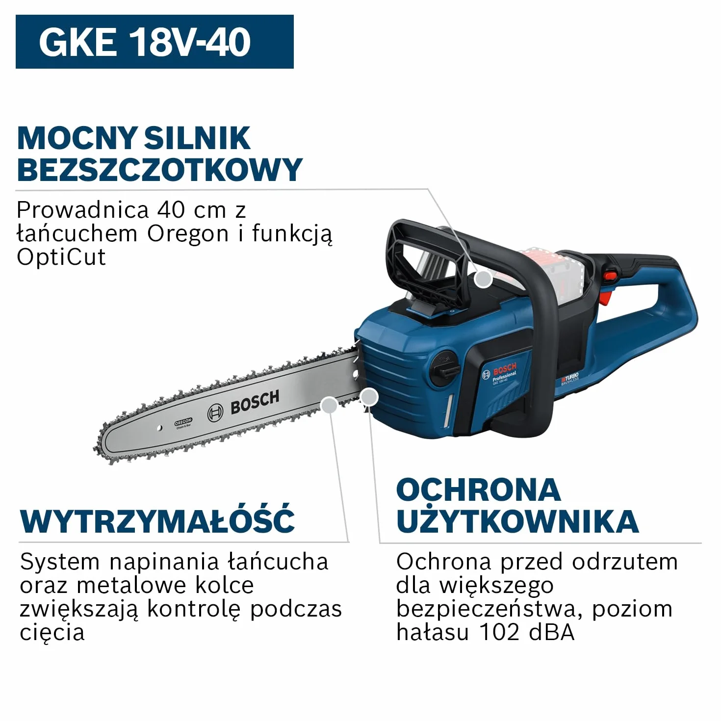 System profesjonalny 18 V firmy Bosch: piła łańcuchowa GKE 18V-40 (prowadnica 40 cm, silnik bezszczotkowy z technologią BITURBO, klucz, osłona łańcucha, bez akumulatora/ładowarki)
